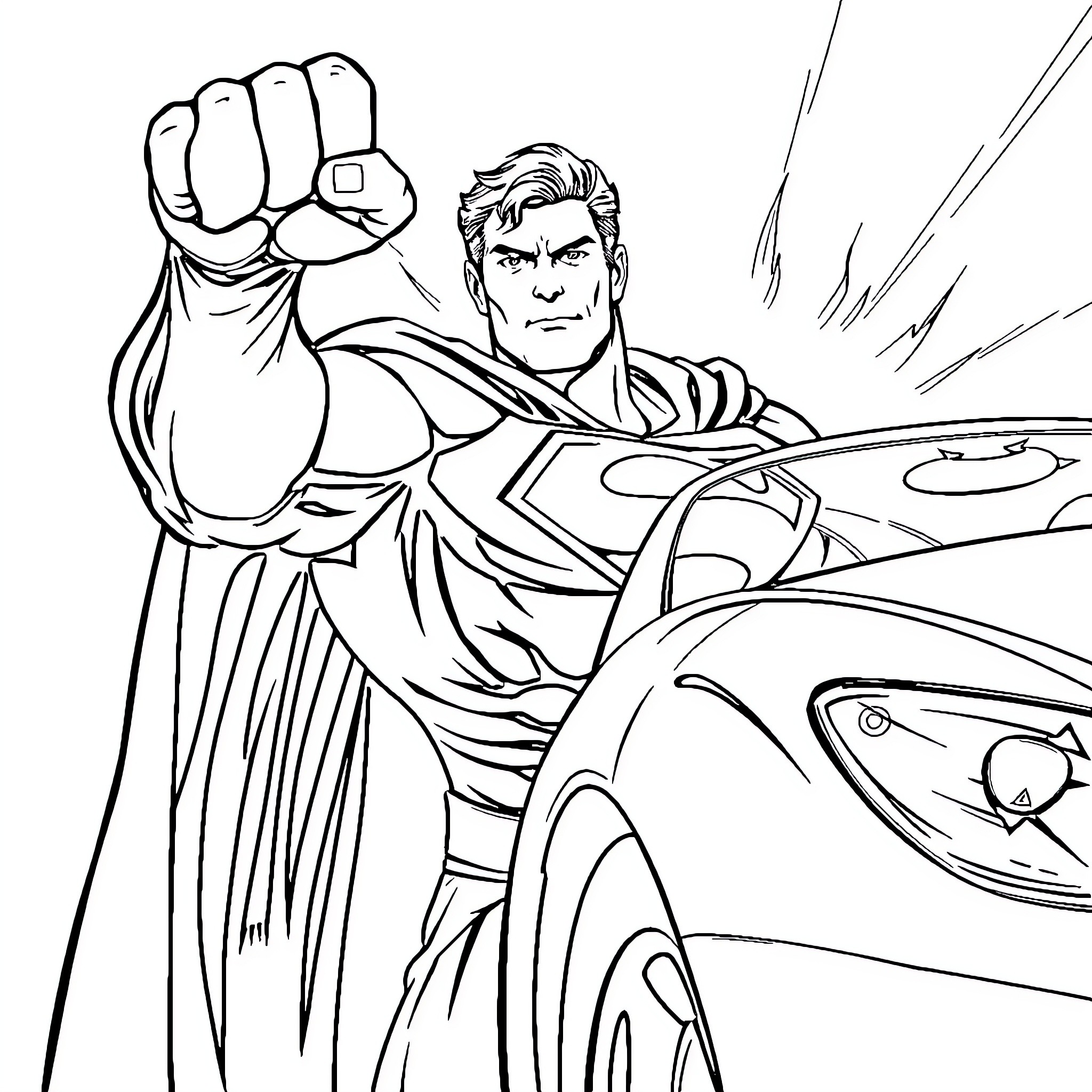 Superman taking flight with determined expression Coloring Page (free black-and-white line drawing printable PDF for all, from beginners to advanced learners, including children, teens, adults, and seniors)