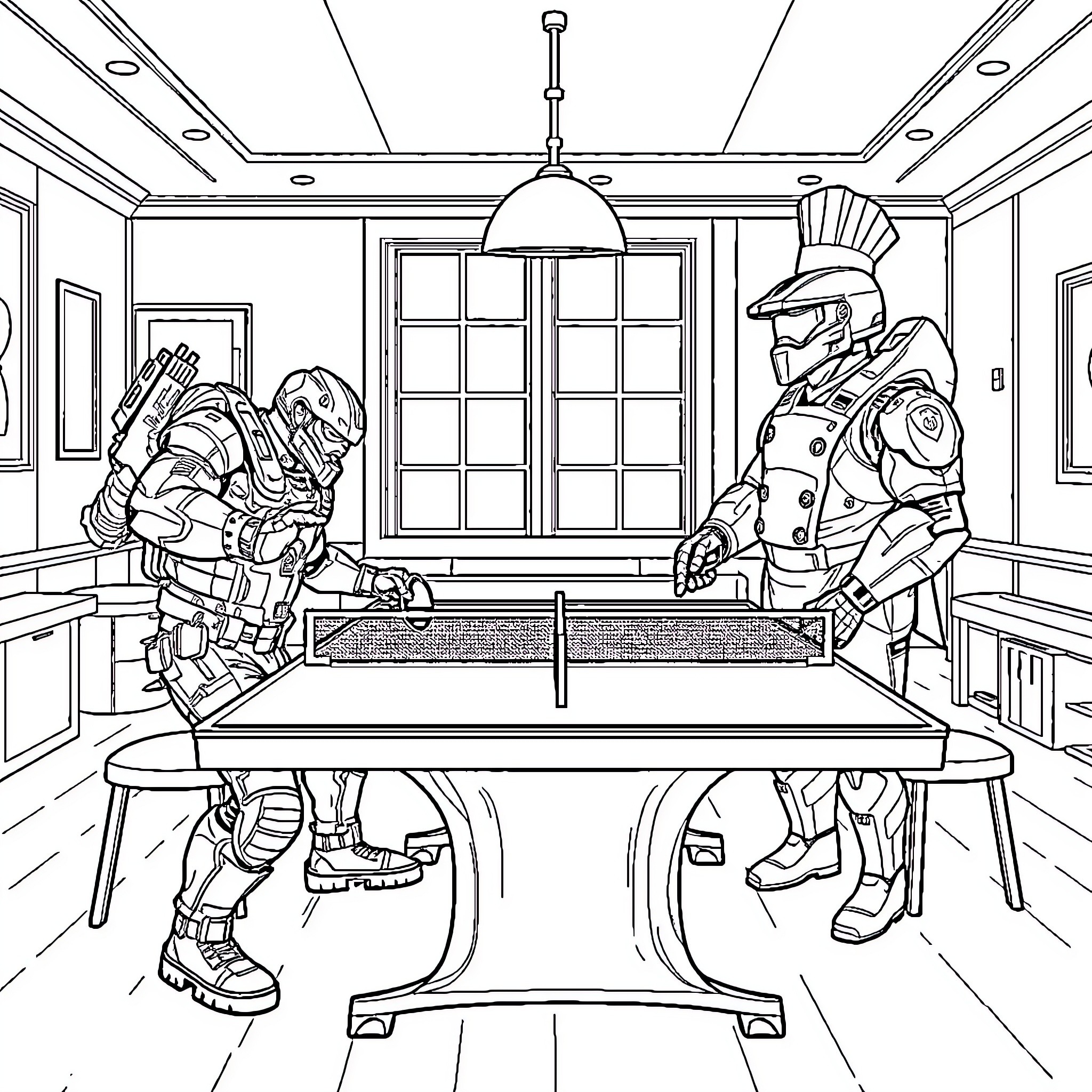 Marcus Fenix and Soldiers in Tactical Briefing Coloring Page (free black-and-white line drawing printable PDF for all, from beginners to advanced learners, including children, teens, adults, and seniors)