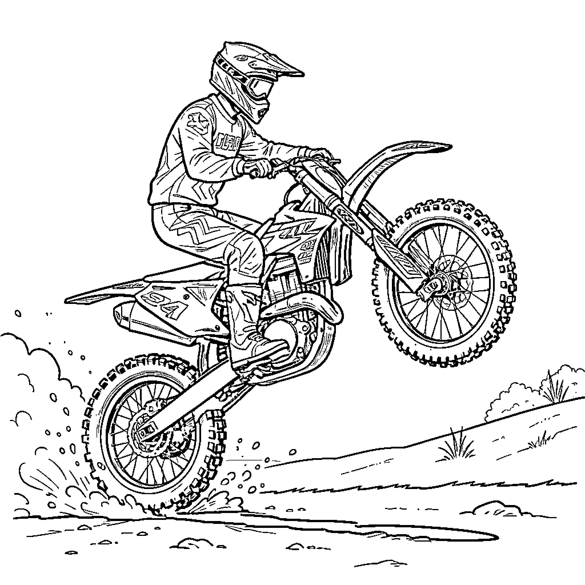 Motocross Pilot performing a stunt on a dirt track Coloring Page (free black-and-white line drawing printable PDF for all, from beginners to advanced learners, including children, teens, adults, and seniors)