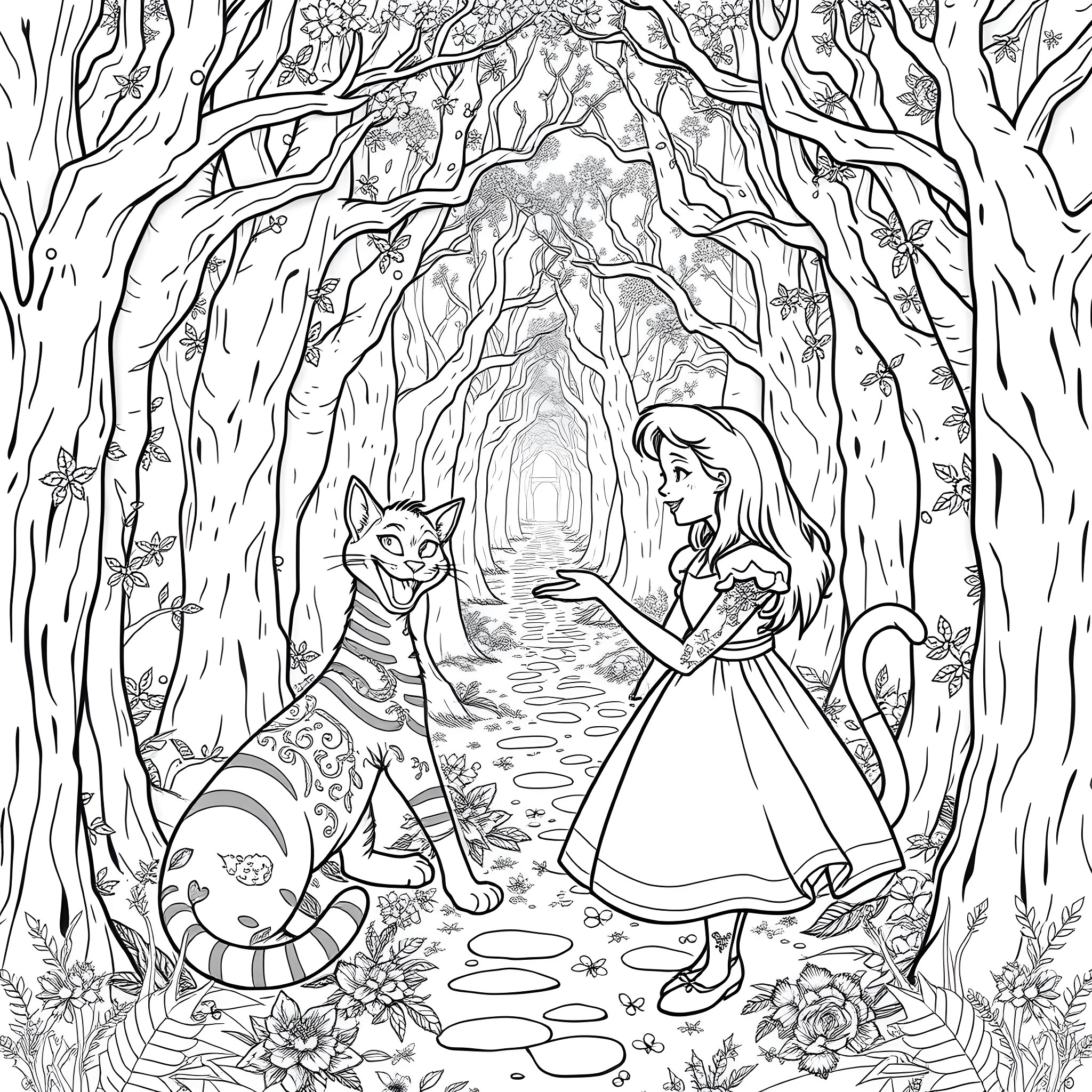 Alice meeting the Cheshire Cat in the enchanted forest Coloring Page (free black-and-white line drawing printable PDF for all, from beginners to advanced learners, including children, teens, adults, and seniors)