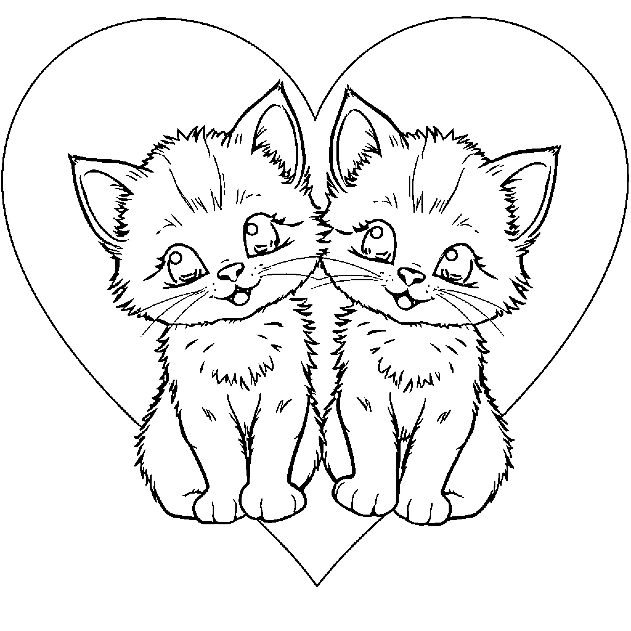Kittens cuddling in heart-shaped frame Coloring Page (free black-and-white line drawing printable PDF for all, from beginners to advanced learners, including children, teens, adults, and seniors)