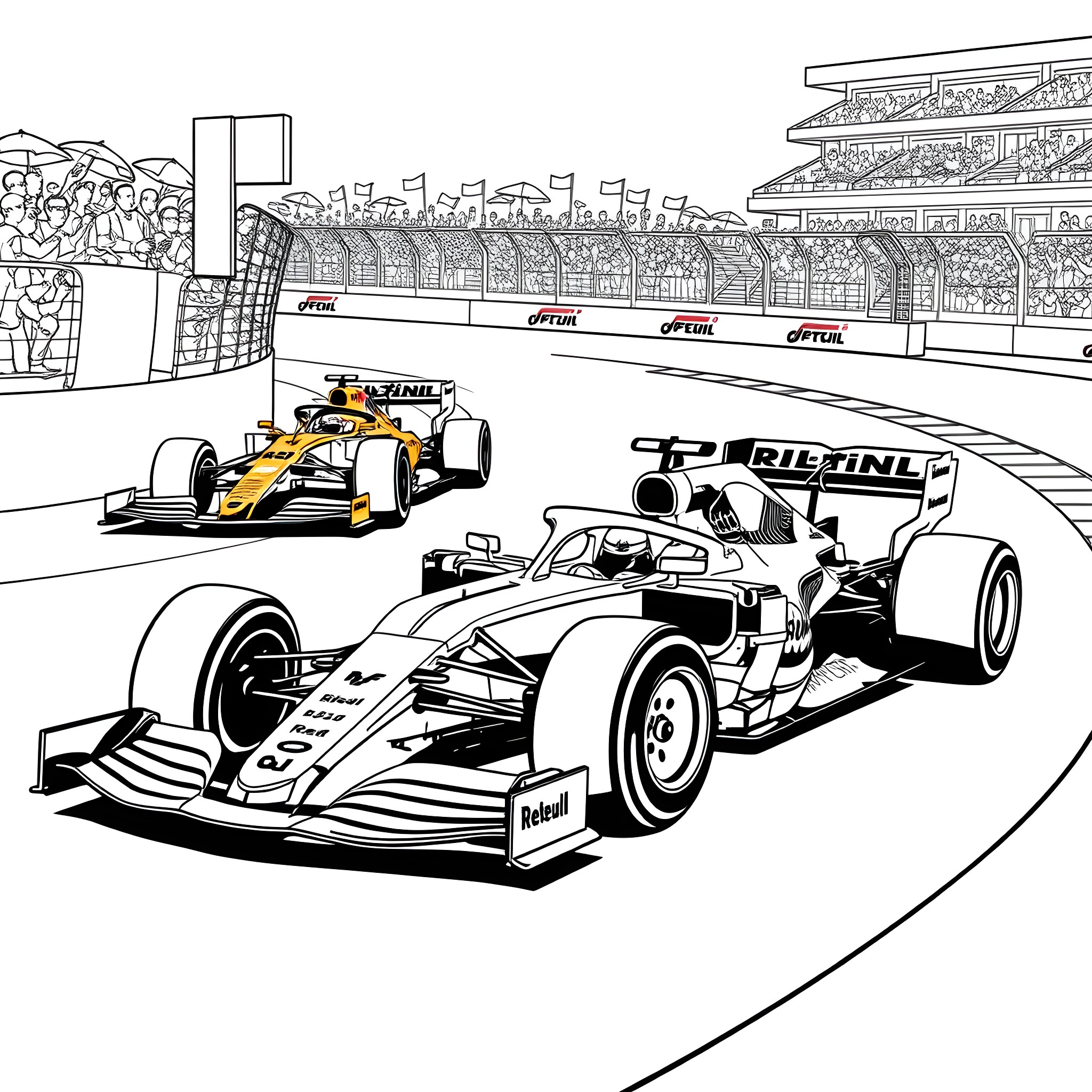 Charles Leclerc racing on the circuit with Formula One cars Coloring Page (free black-and-white line drawing printable PDF for all, from beginners to advanced learners, including children, teens, adults, and seniors)