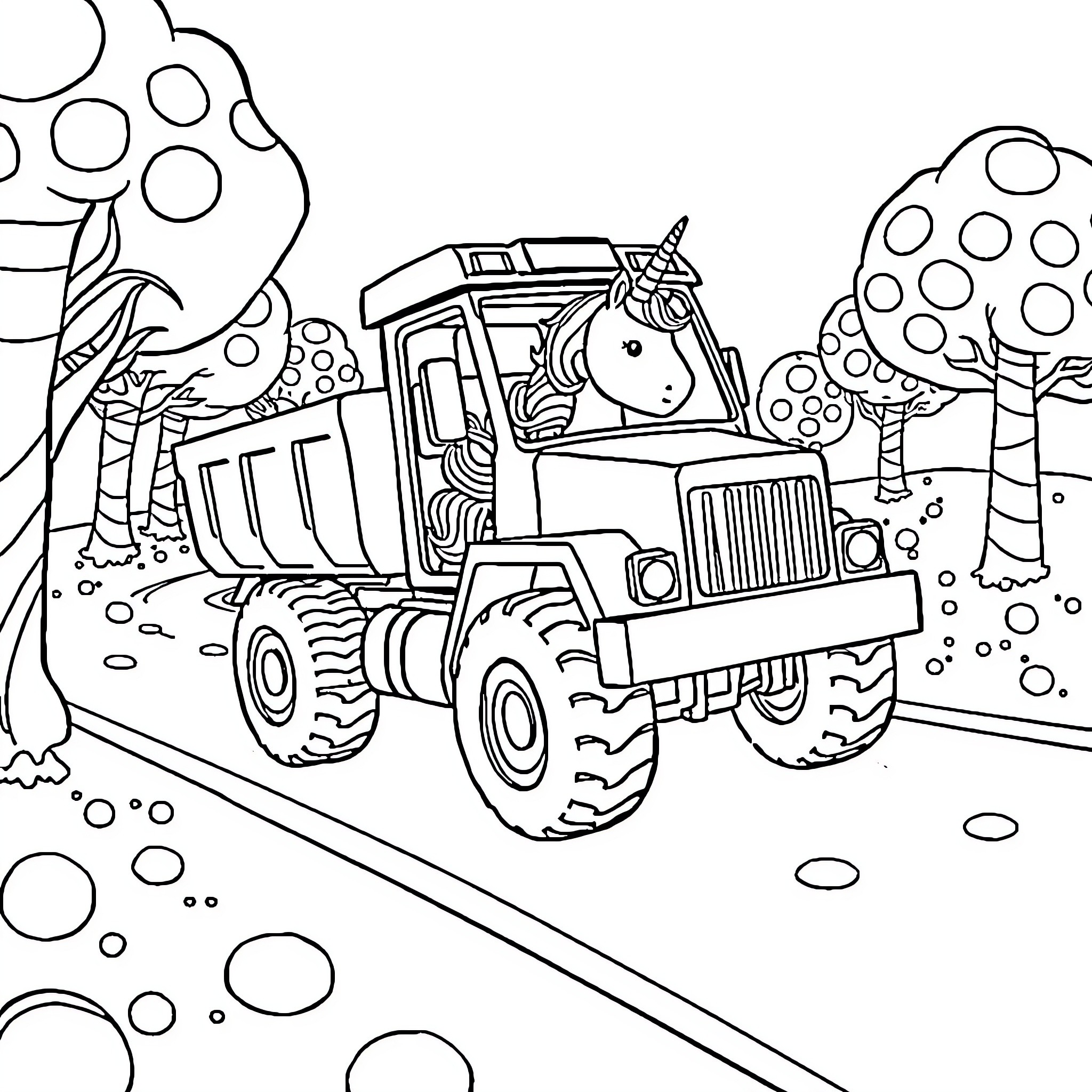 Unicorn driving a construction vehicle through a whimsical landscape Coloring Page (free black-and-white line drawing printable PDF for all, from beginners to advanced learners, including children, teens, adults, and seniors)