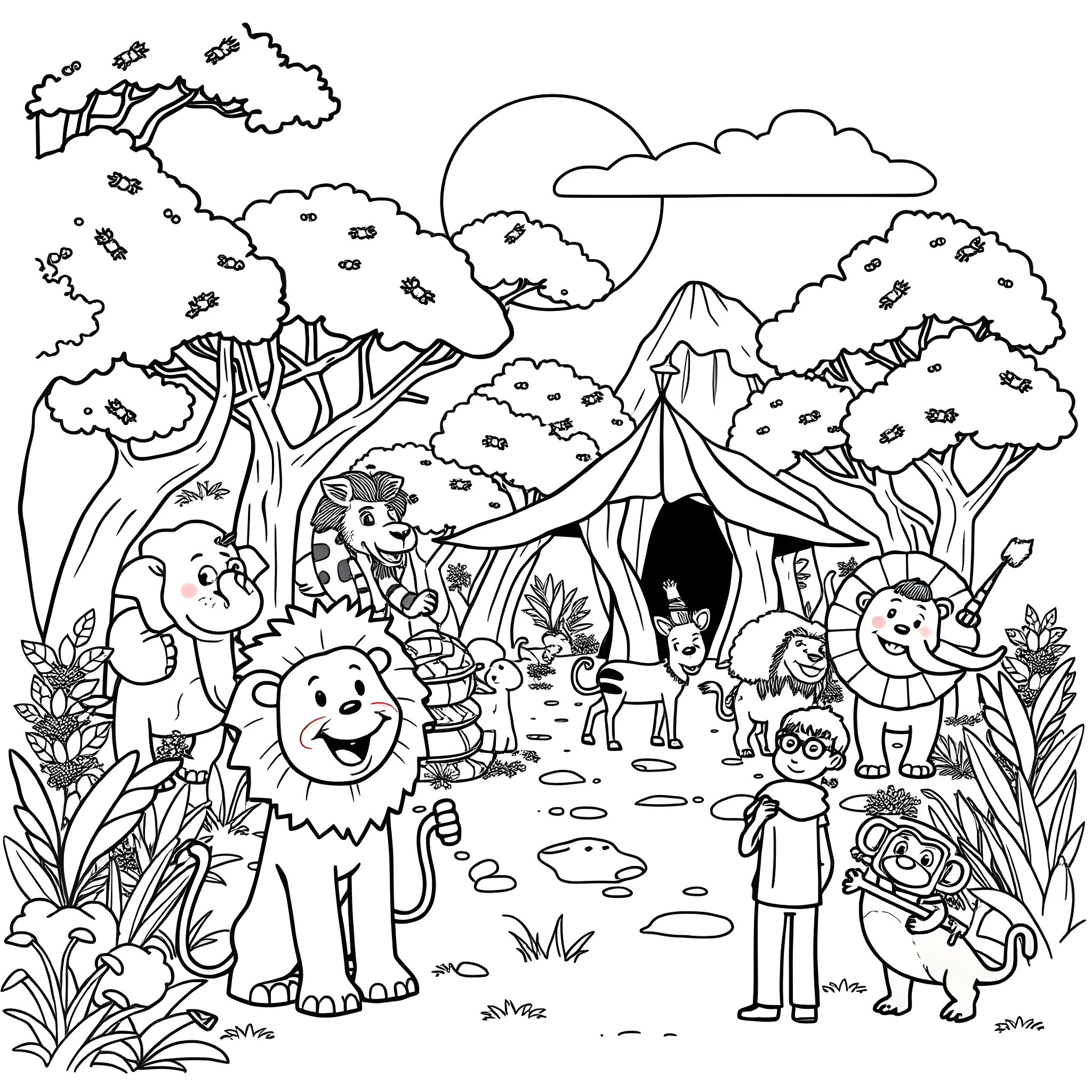 Zoo with happy animals and children in the wilderness Coloring Page (free black-and-white line drawing printable PDF for all, from beginners to advanced learners, including children, teens, adults, and seniors)