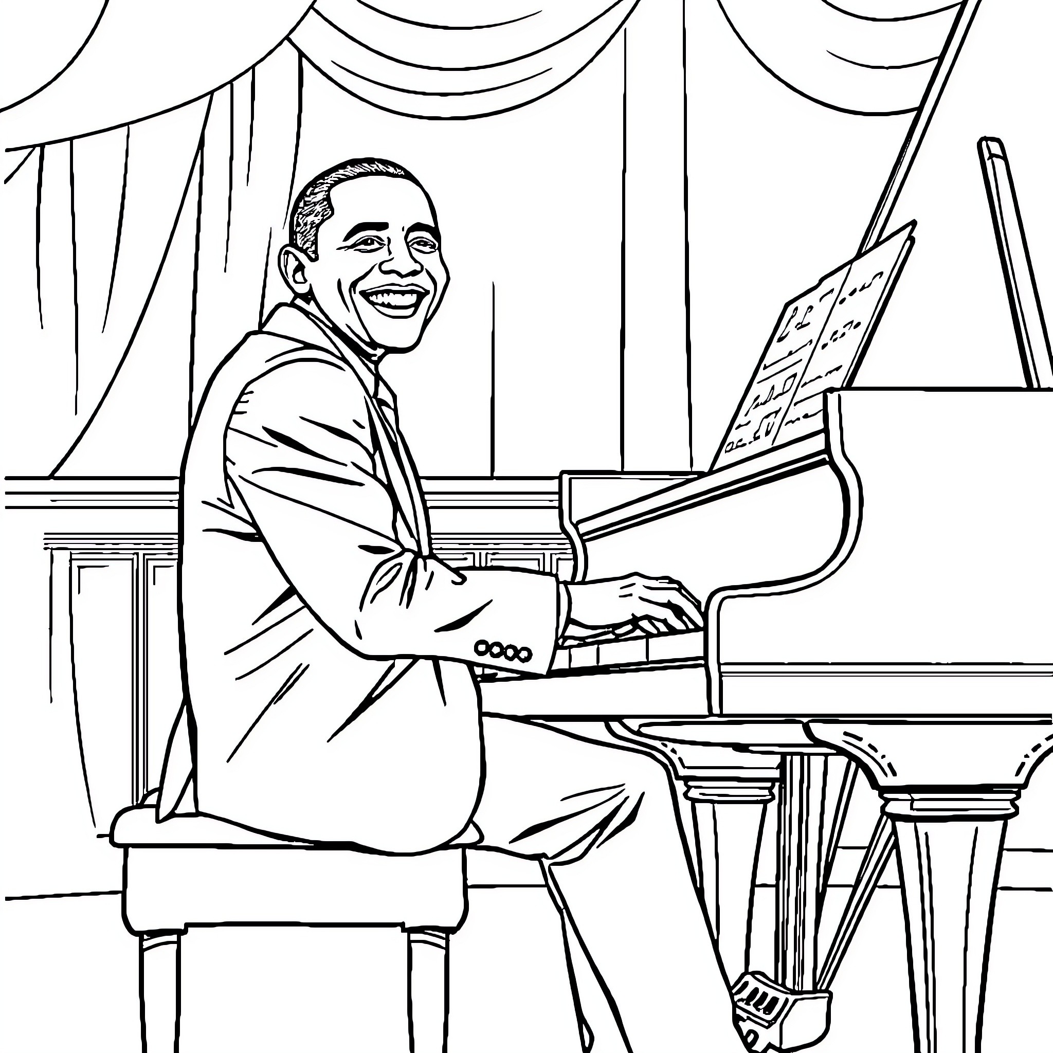 Obama playing piano in formal attire Coloring Page (free black-and-white line drawing printable PDF for all, from beginners to advanced learners, including children, teens, adults, and seniors)
