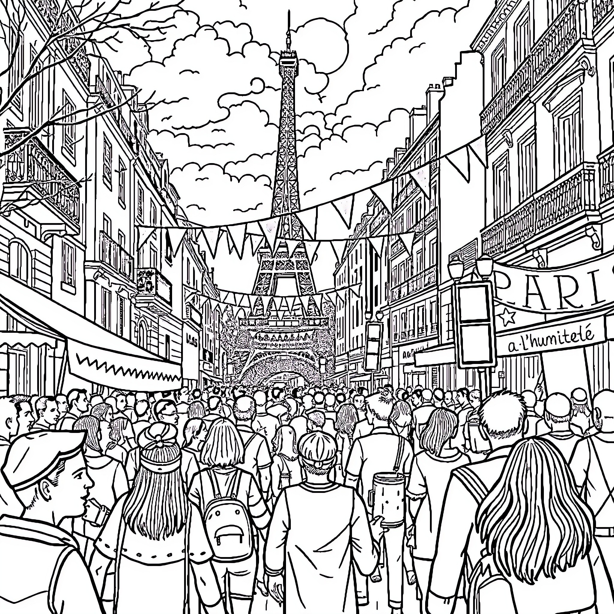 Festival of People and Culture in the City Coloring Page (free black-and-white line drawing printable PDF for all, from beginners to advanced learners, including children, teens, adults, and seniors)