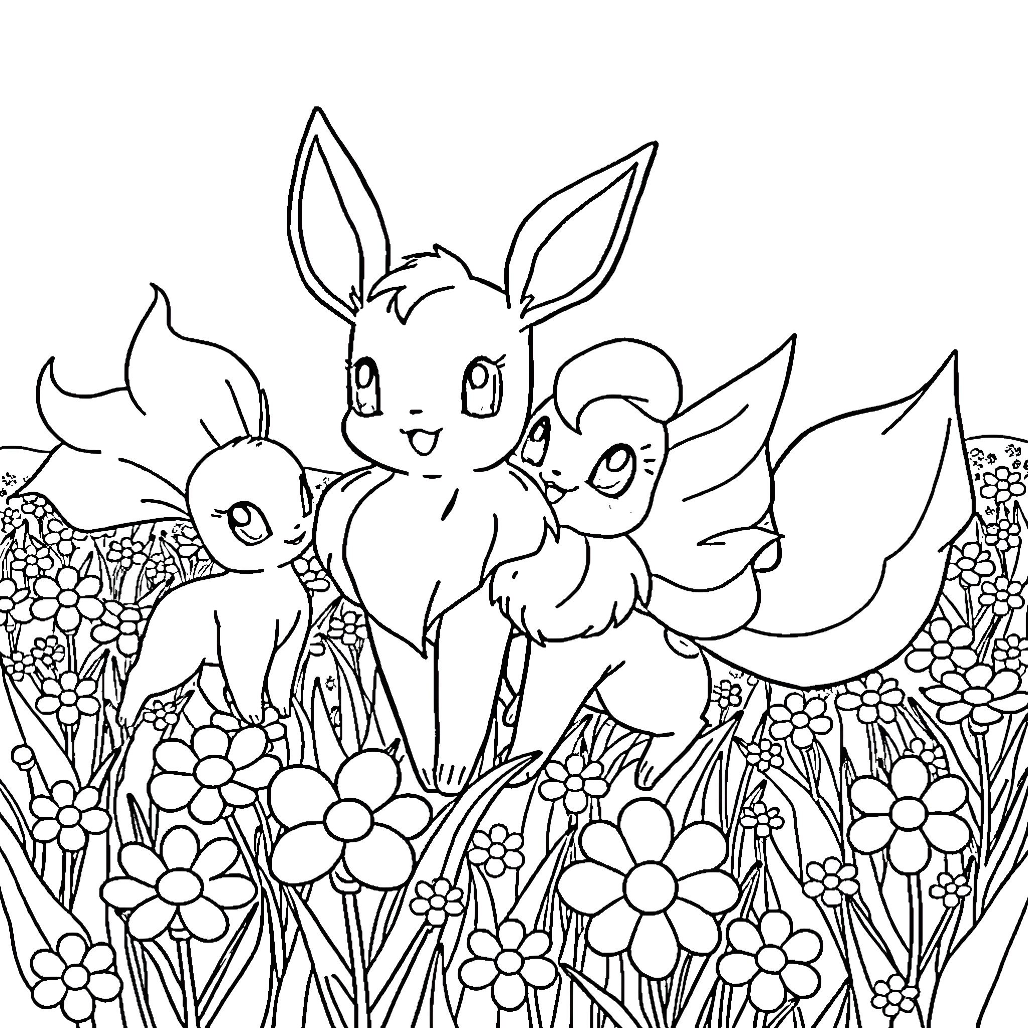 Eevee Enjoying a Flowery Meadow with Friends Coloring Page (free black-and-white line drawing printable PDF for all, from beginners to advanced learners, including children, teens, adults, and seniors)