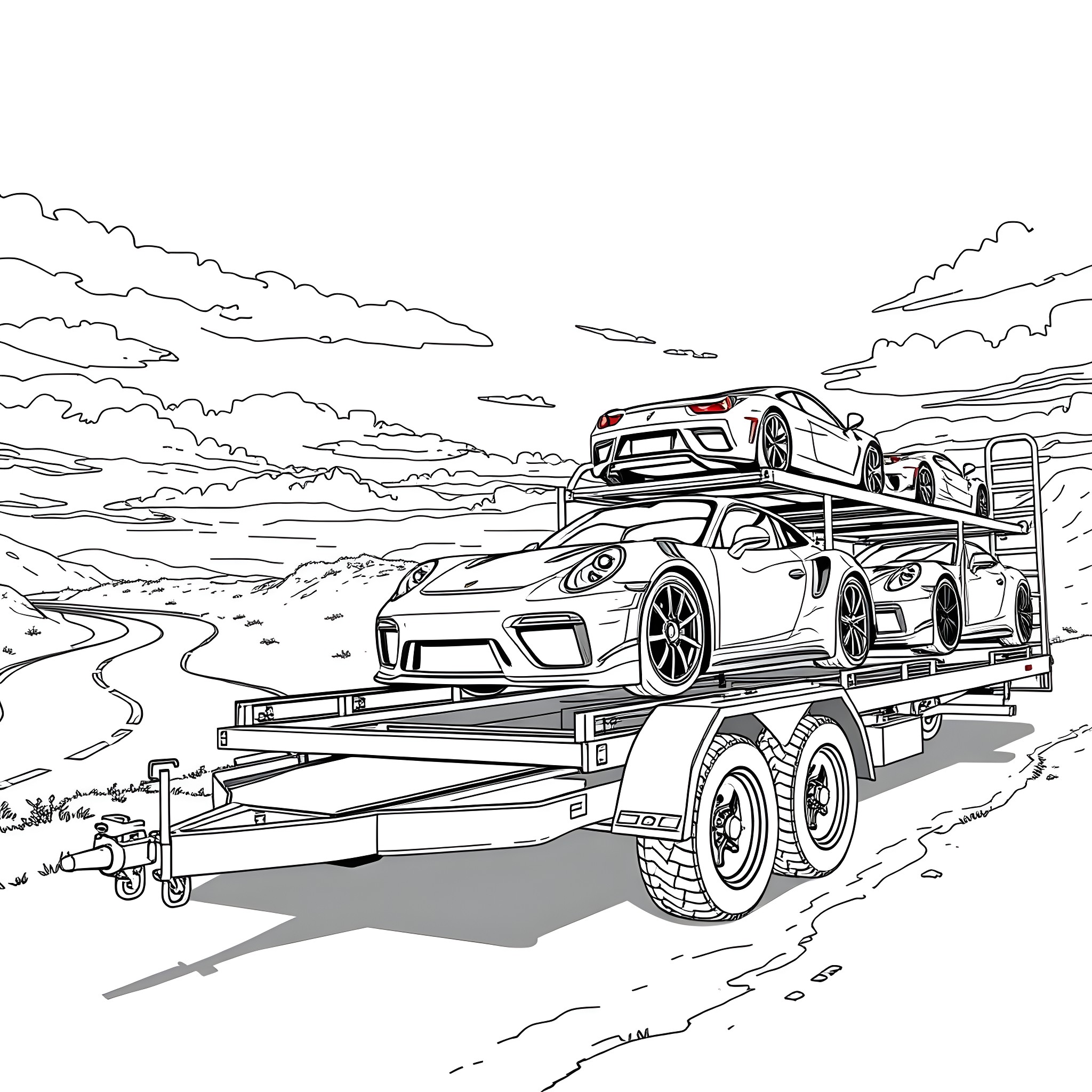 Car Trailer Transporting Sports Cars on Countryside Road Coloring Page (free black-and-white line drawing printable PDF for all, from beginners to advanced learners, including children, teens, adults, and seniors)