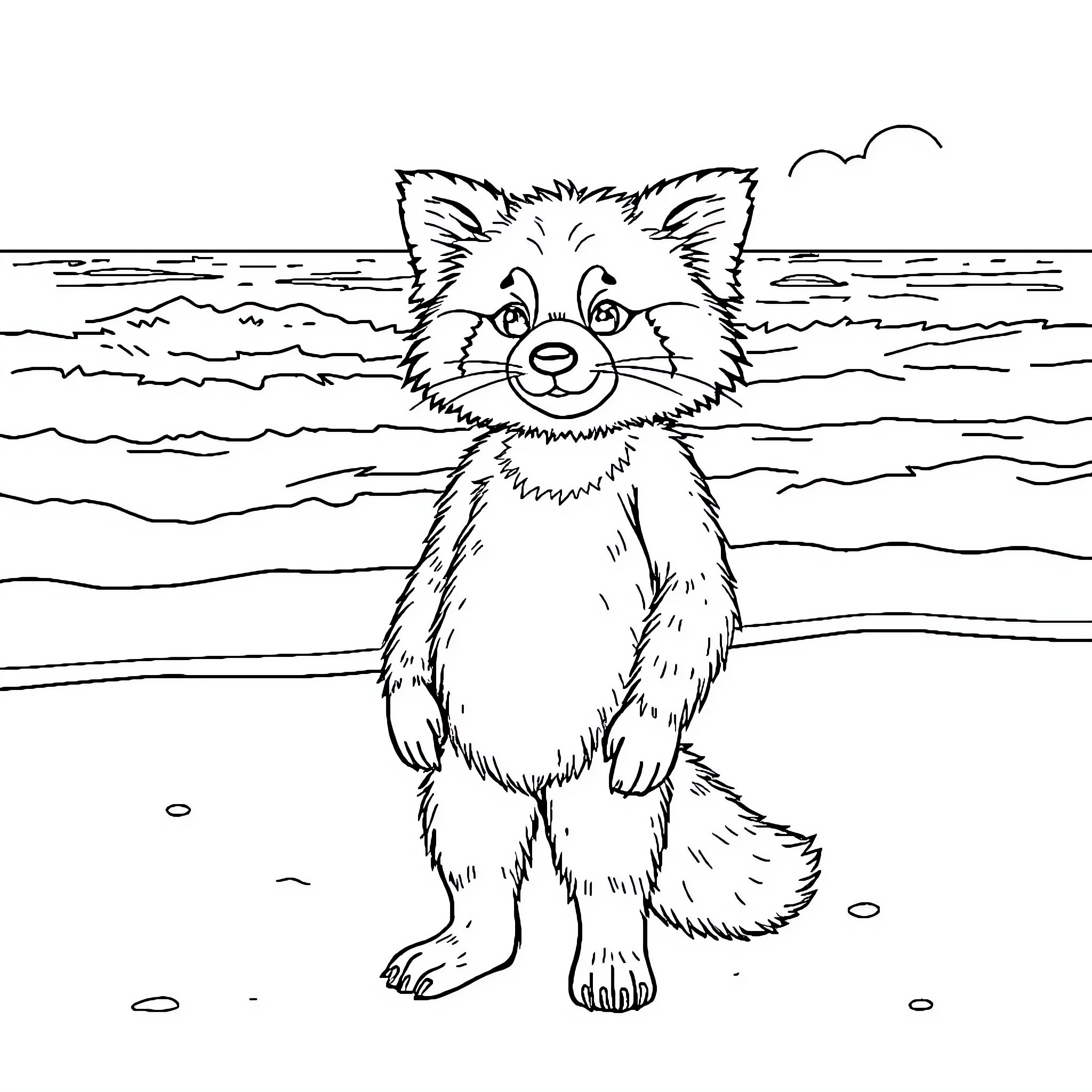Panda Enjoying the Beach Scenery Coloring Page (free black-and-white line drawing printable PDF for all, from beginners to advanced learners, including children, teens, adults, and seniors)