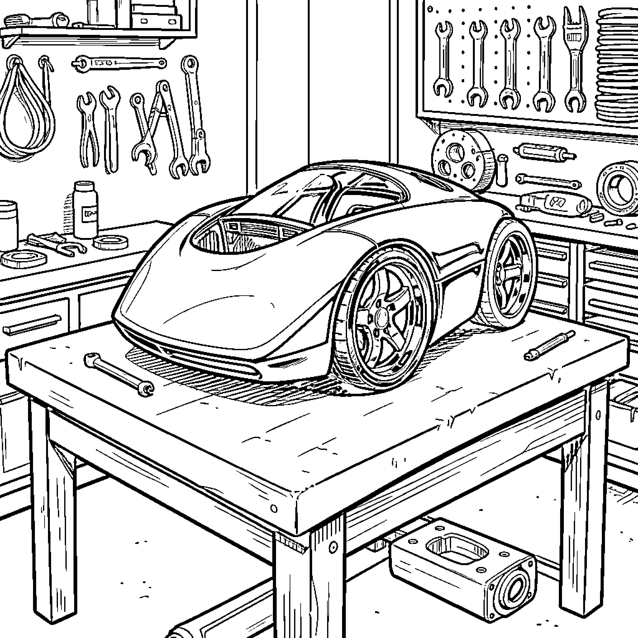 Car Part Repair Garage with Tools and Equipment Coloring Page (free black-and-white line drawing printable PDF for all, from beginners to advanced learners, including children, teens, adults, and seniors)