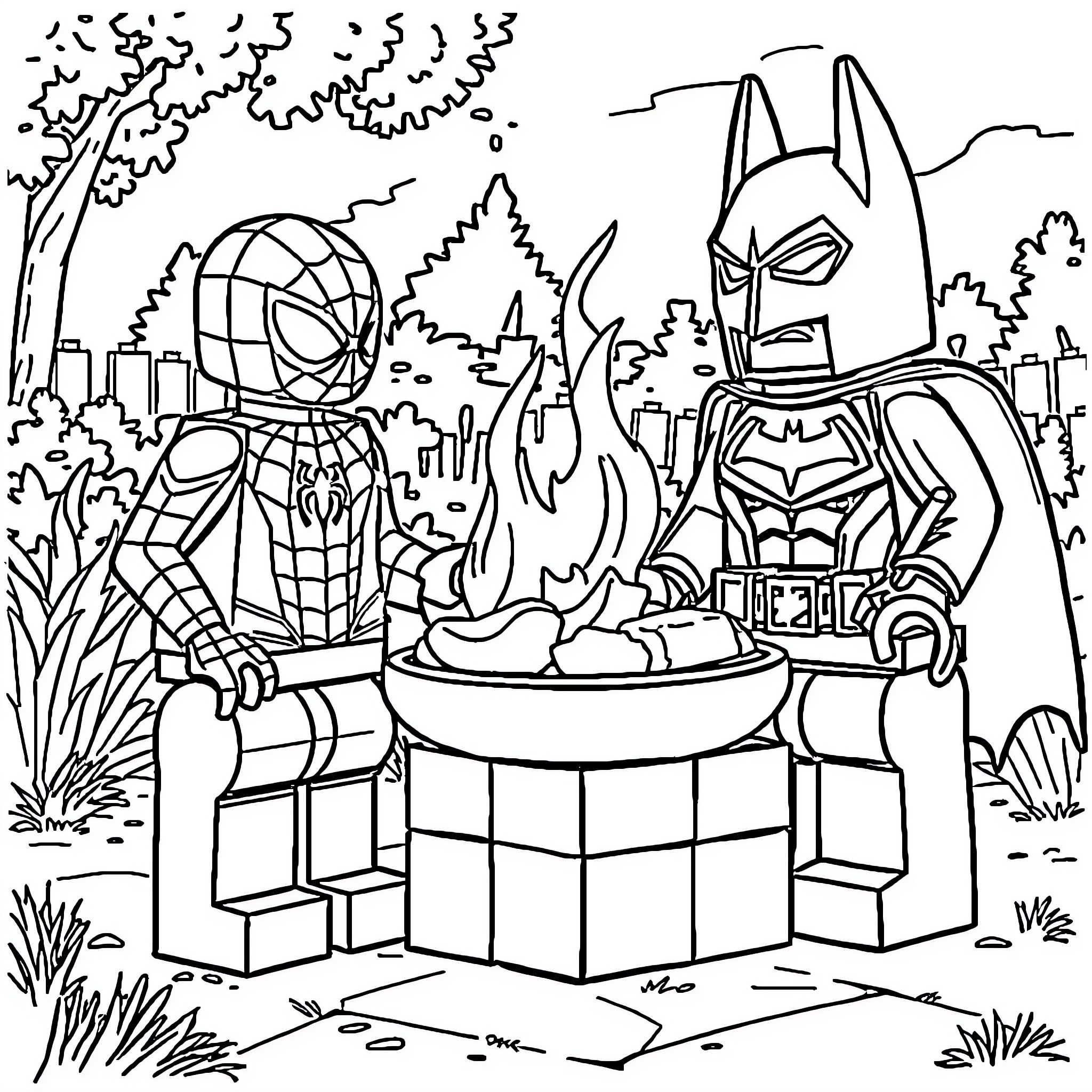 LEGO Characters Battling Villains in Cityscape Coloring Page (free black-and-white line drawing printable PDF for all, from beginners to advanced learners, including children, teens, adults, and seniors)