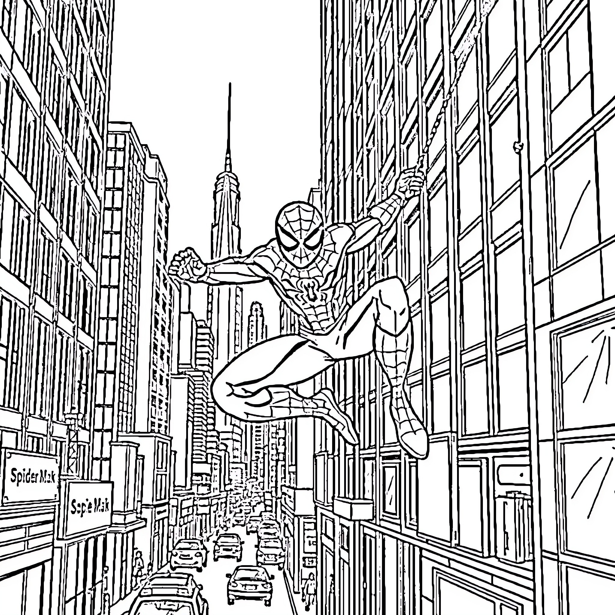 Spider-Man swinging through the city skyline Coloring Page (free black-and-white line drawing printable PDF for all, from beginners to advanced learners, including children, teens, adults, and seniors)