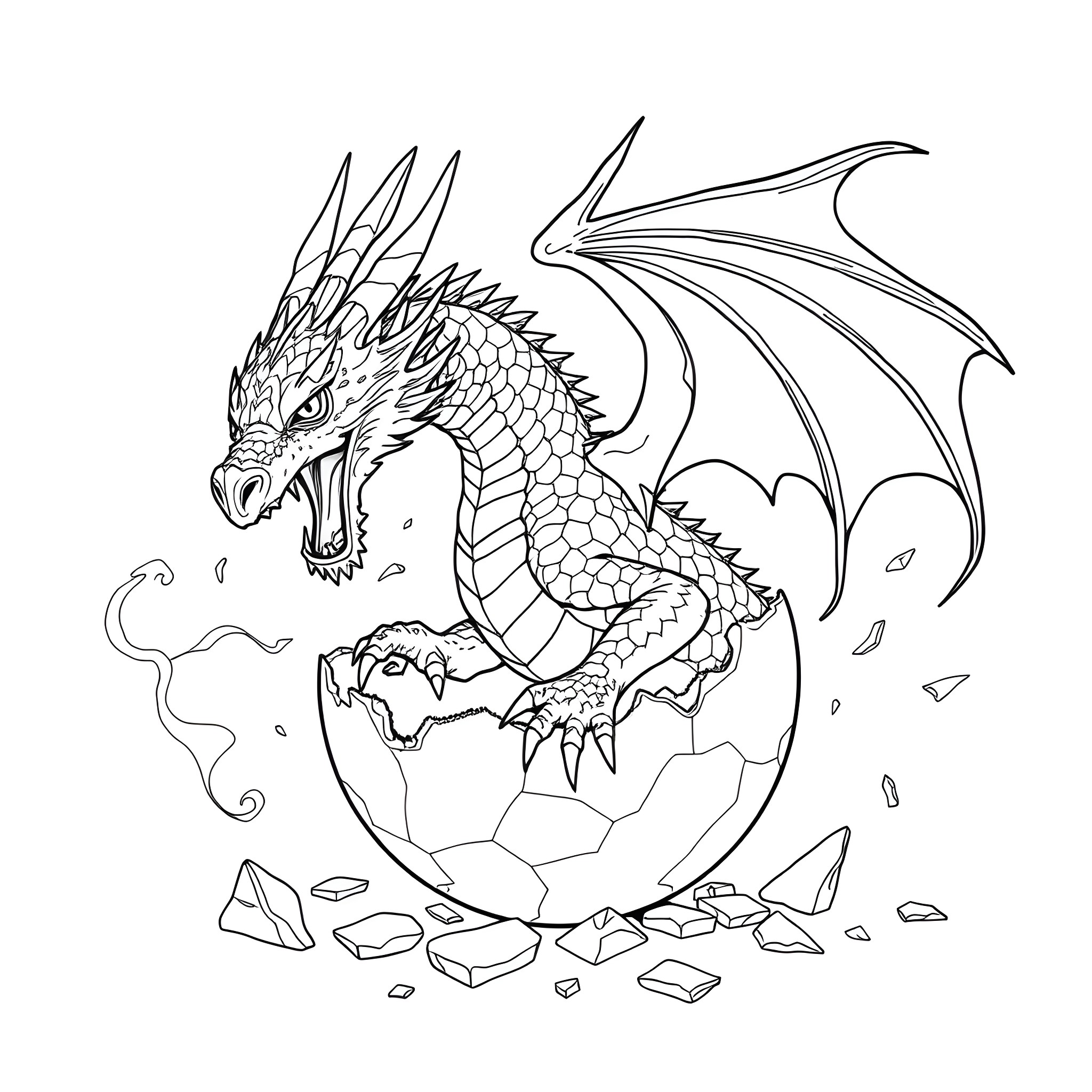 Dragon hatching from a cracked egg Coloring Page (free black-and-white line drawing printable PDF for all, from beginners to advanced learners, including children, teens, adults, and seniors)