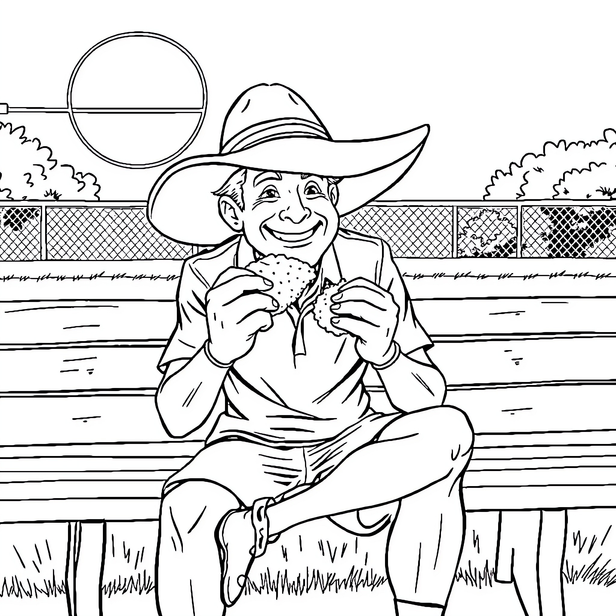 Tennis Player Relaxing on Bench in Outdoor Setting Coloring Page (free black-and-white line drawing printable PDF for all, from beginners to advanced learners, including children, teens, adults, and seniors)