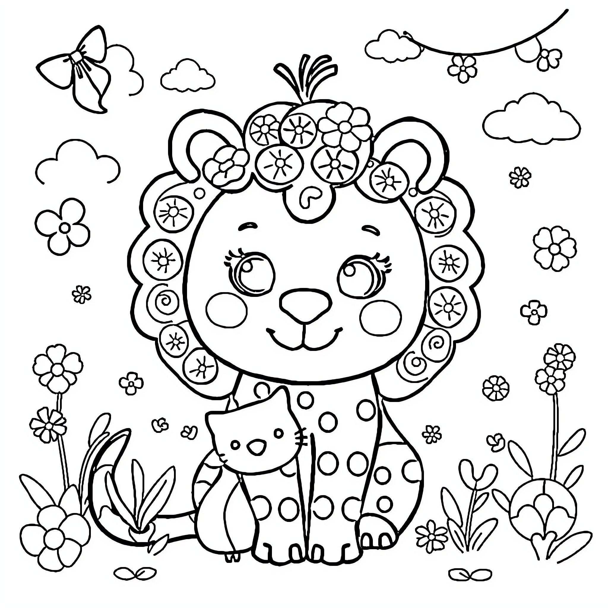 Animal friends playing in a flowery meadow Coloring Page (free black-and-white line drawing printable PDF for all, from beginners to advanced learners, including children, teens, adults, and seniors)