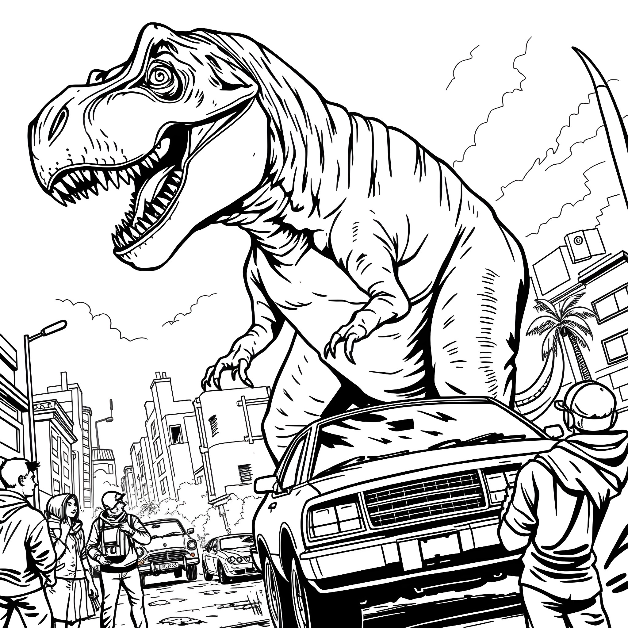 T-Rex Rampaging Through a City Coloring Page (free black-and-white line drawing printable PDF for all, from beginners to advanced learners, including children, teens, adults, and seniors)