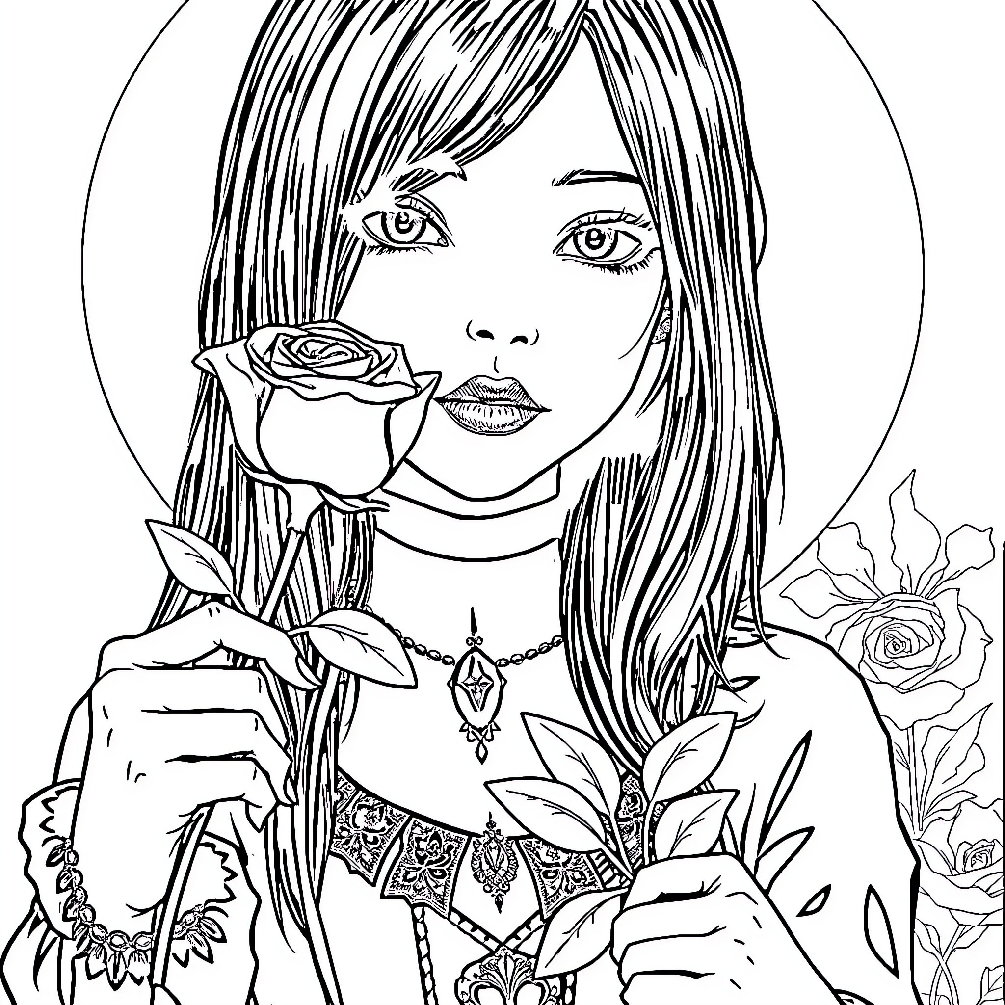 Girl holding a rose with floral decorations Coloring Page (free black-and-white line drawing printable PDF for all, from beginners to advanced learners, including children, teens, adults, and seniors)