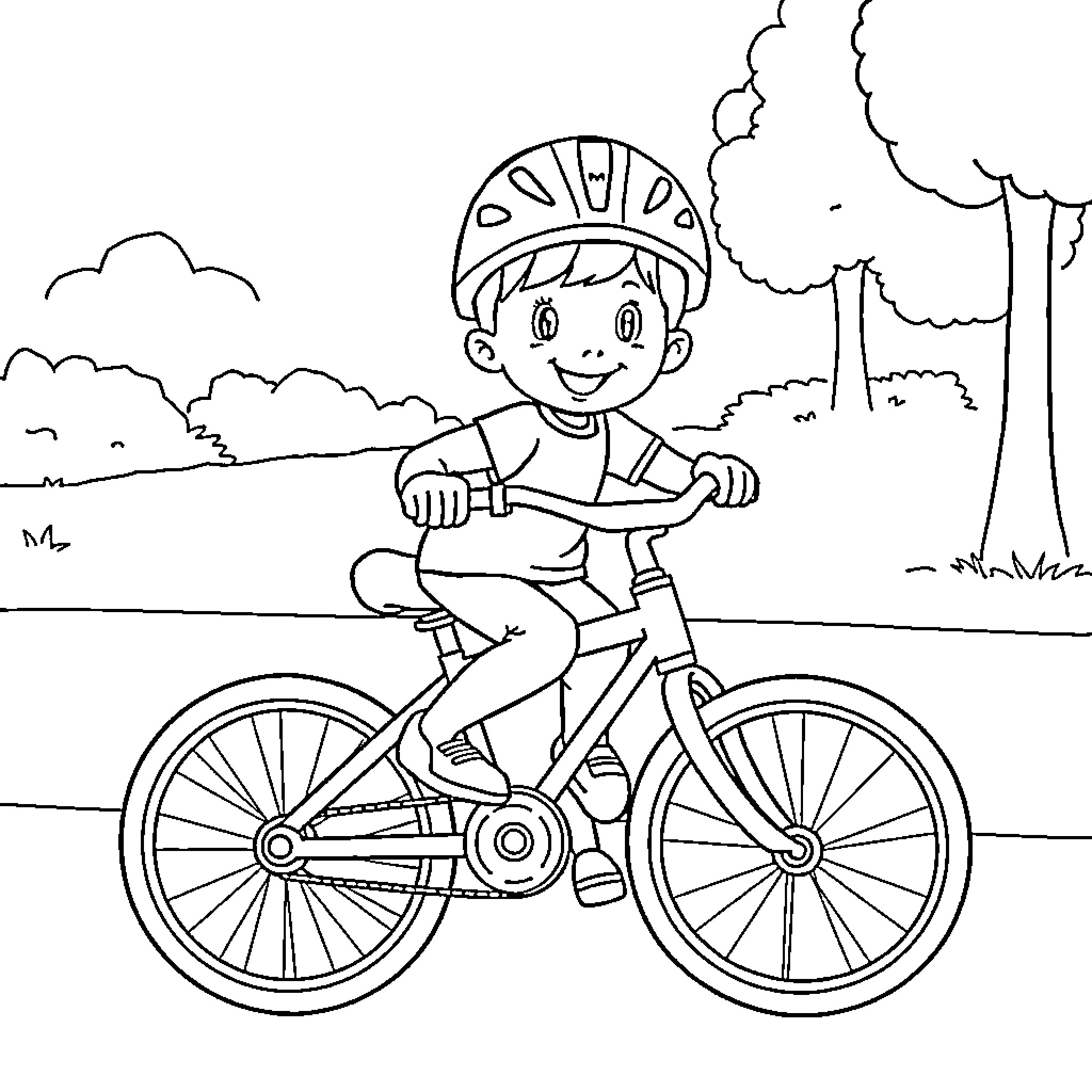 Child riding bicycle in park Coloring Page (free black-and-white line drawing printable PDF for all, from beginners to advanced learners, including children, teens, adults, and seniors)