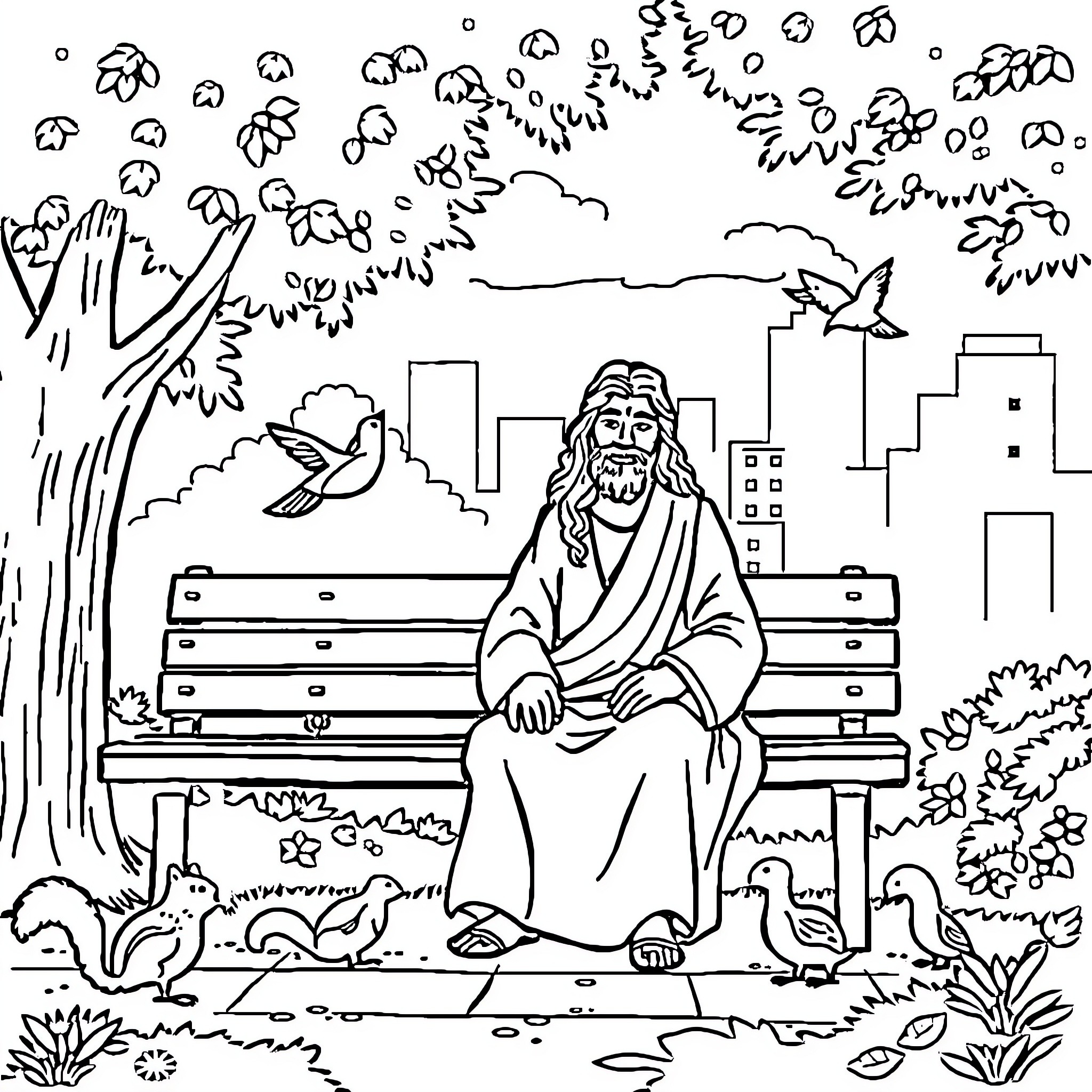 Jesus resting on a park bench with nature and animals Coloring Page (free black-and-white line drawing printable PDF for all, from beginners to advanced learners, including children, teens, adults, and seniors)