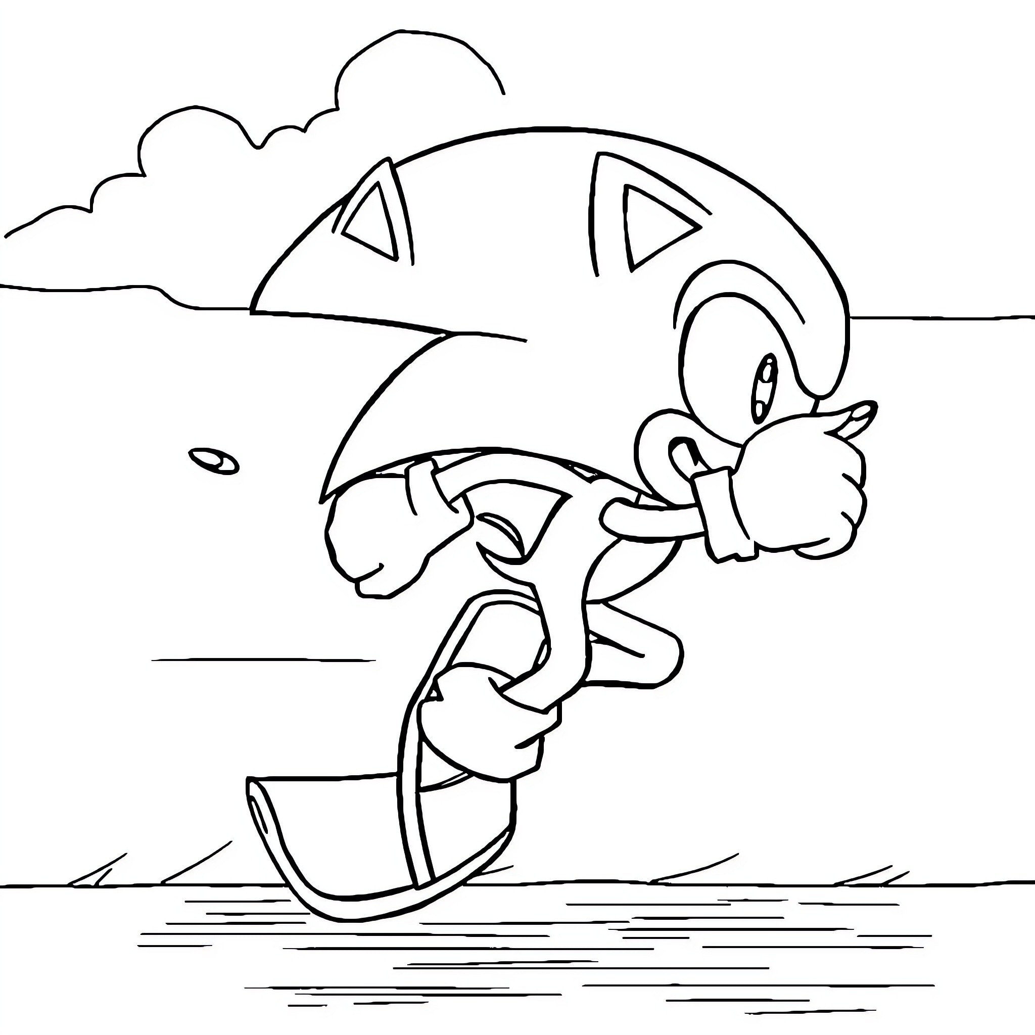 Sonic running through a landscape Coloring Page (free black-and-white line drawing printable PDF for all, from beginners to advanced learners, including children, teens, adults, and seniors)