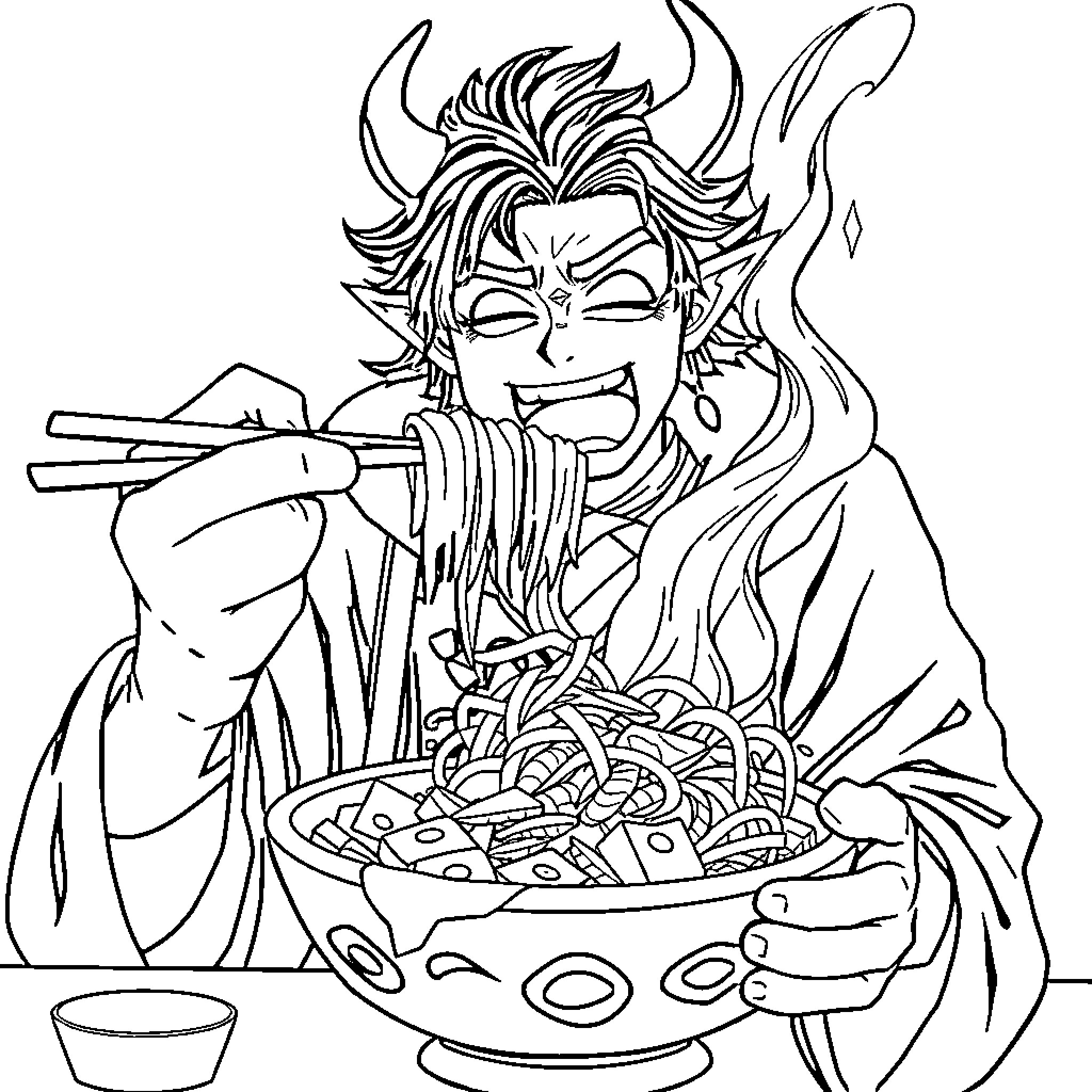 Tanjiro enjoying a hearty meal Coloring Page (free black-and-white line drawing printable PDF for all, from beginners to advanced learners, including children, teens, adults, and seniors)