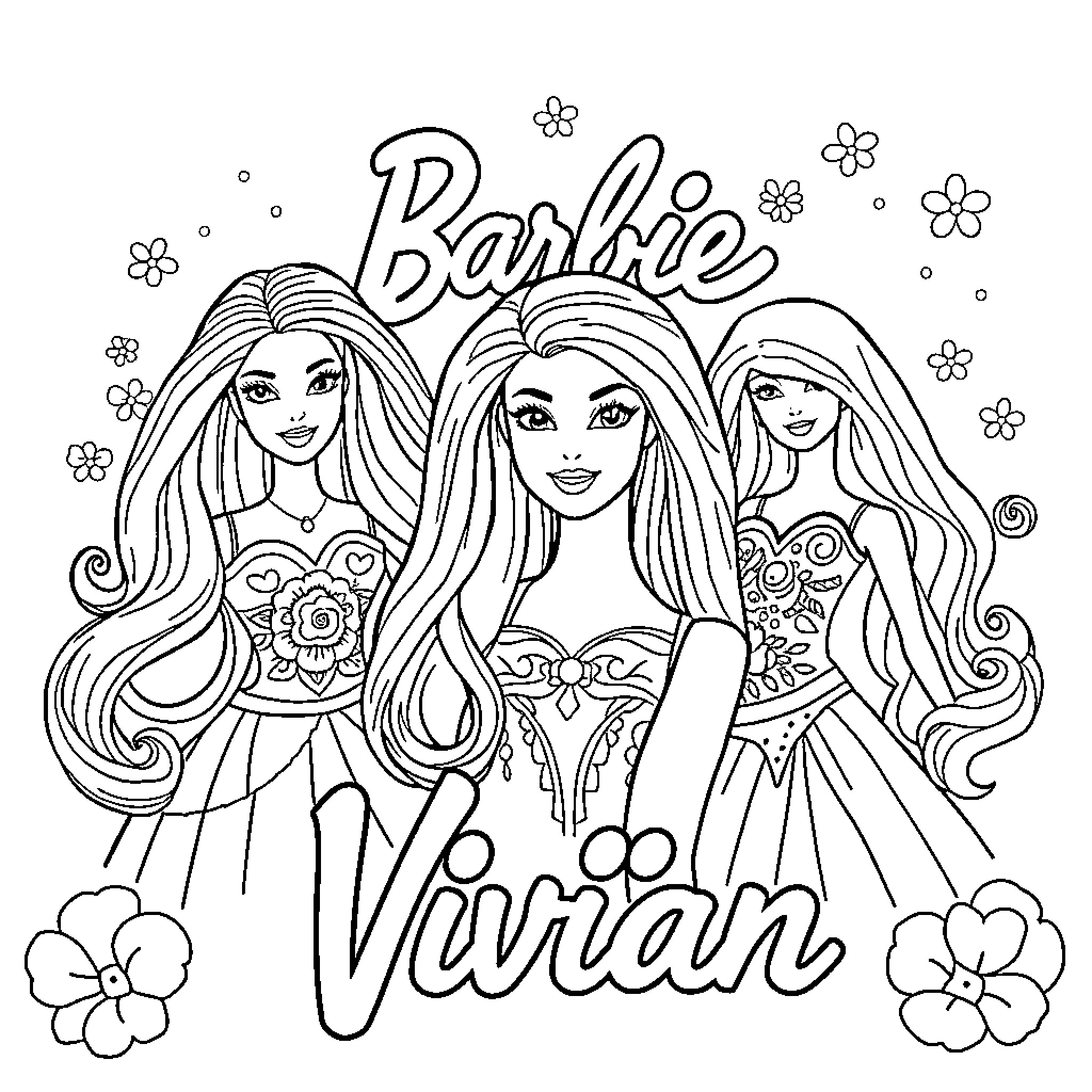 Barbie trio with floral dresses and long hair Coloring Page (free black-and-white line drawing printable PDF for all, from beginners to advanced learners, including children, teens, adults, and seniors)