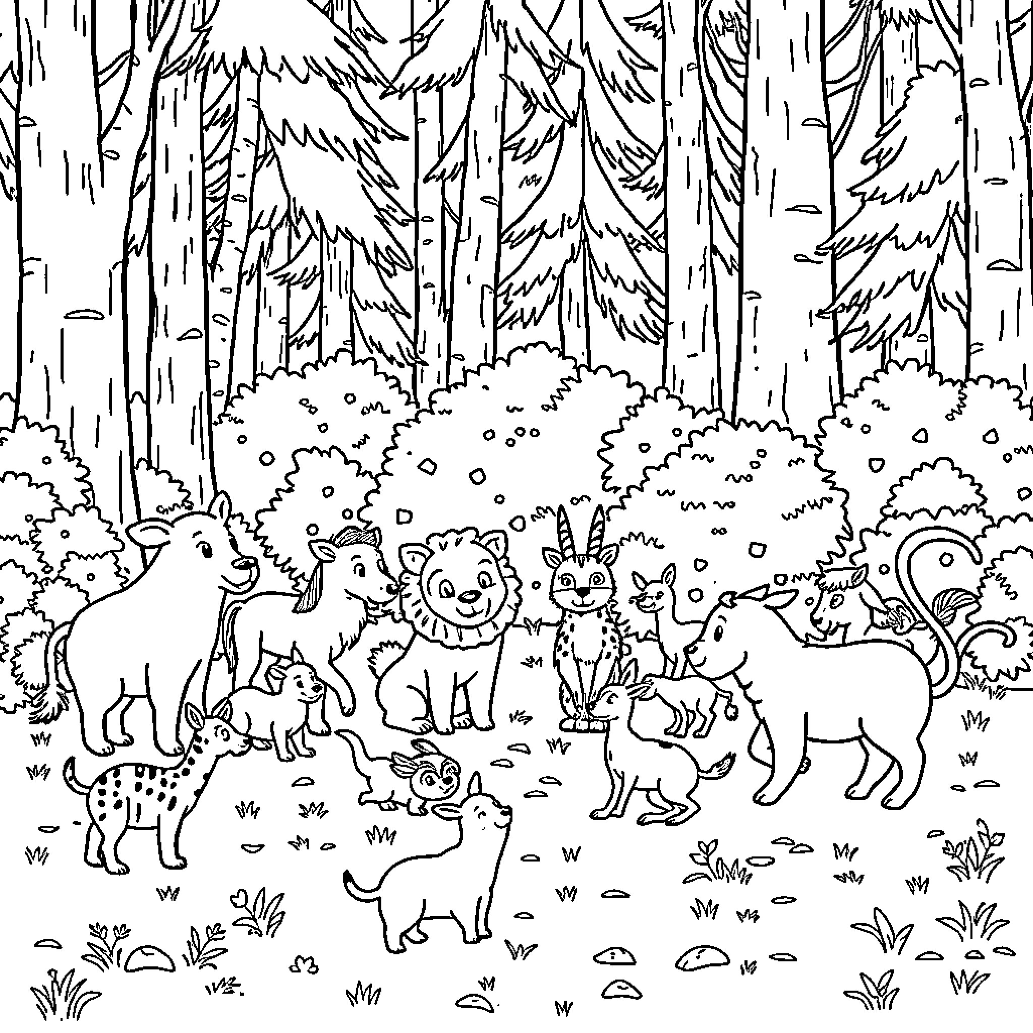 Animal Friends in the Forest Clearing Coloring Page (free black-and-white line drawing printable PDF for all, from beginners to advanced learners, including children, teens, adults, and seniors)