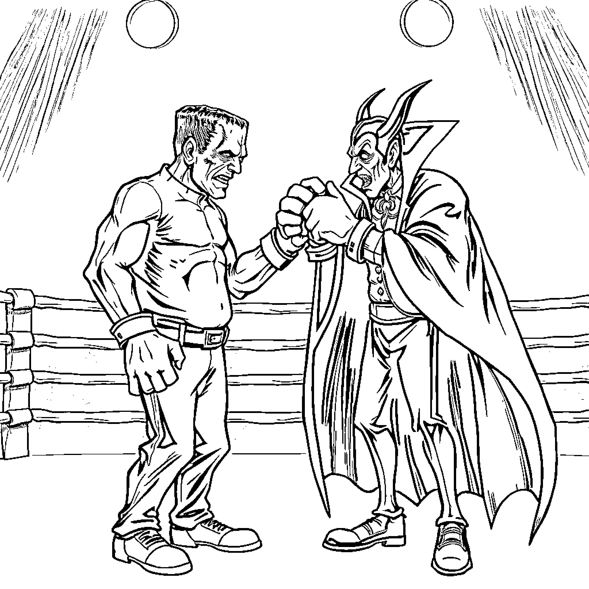 Monster wrestlers battle in the ring Coloring Page (free black-and-white line drawing printable PDF for all, from beginners to advanced learners, including children, teens, adults, and seniors)