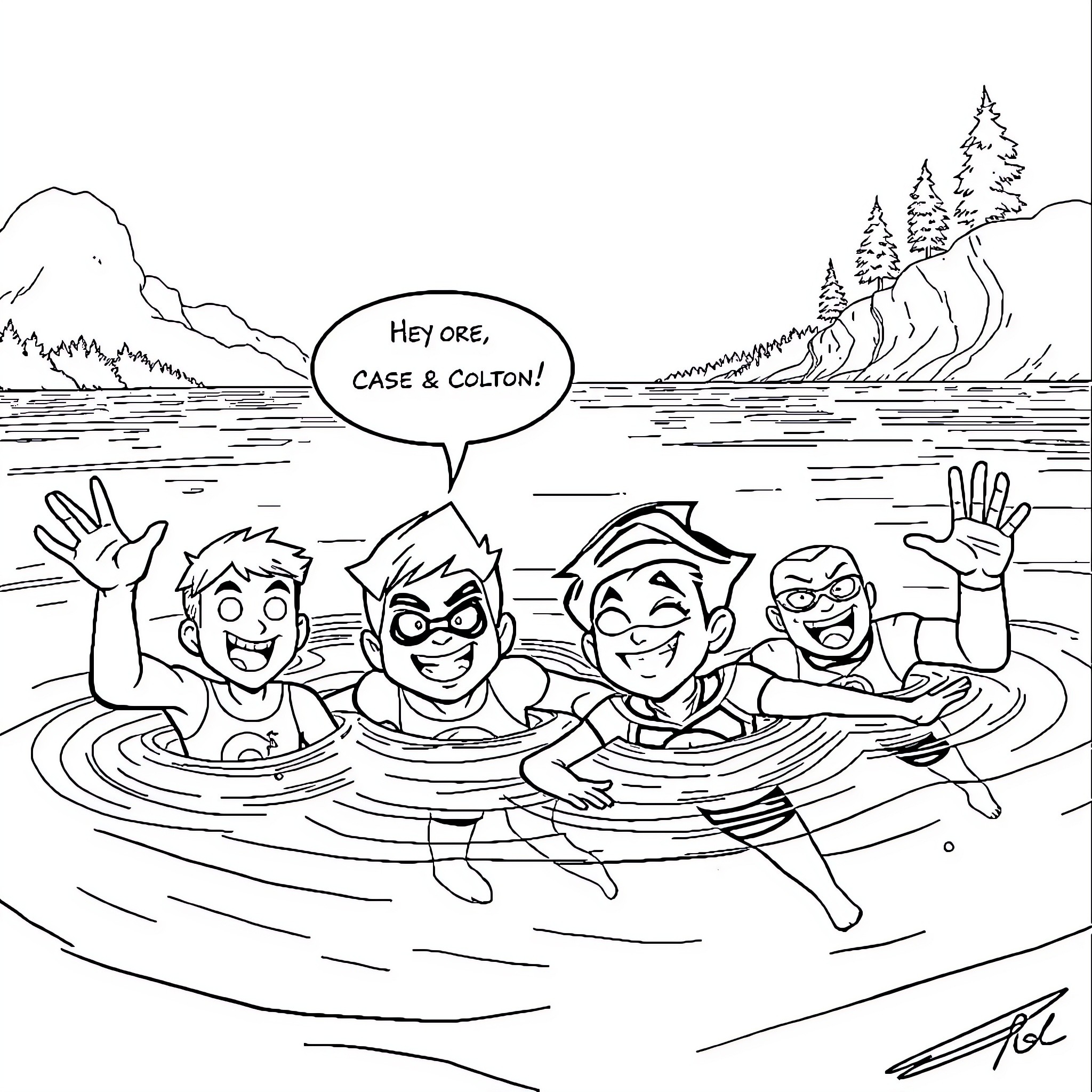 Teen Titans Enjoying Summer Fun in the Water Coloring Page (free black-and-white line drawing printable PDF for all, from beginners to advanced learners, including children, teens, adults, and seniors)