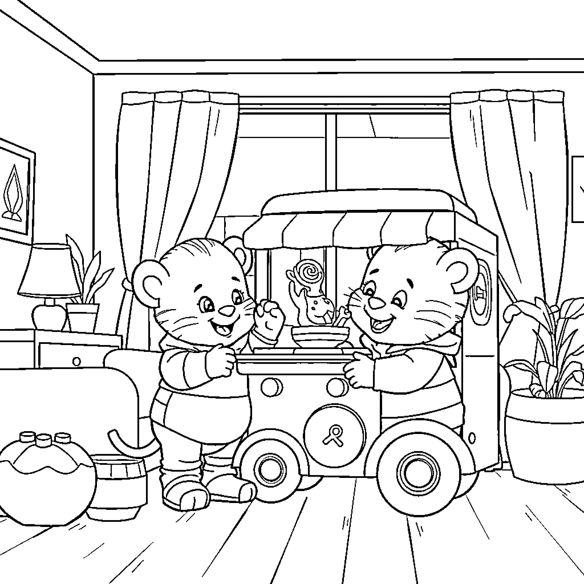 Daniel Tiger playing with friends in their playroom Coloring Page (free black-and-white line drawing printable PDF for all, from beginners to advanced learners, including children, teens, adults, and seniors)