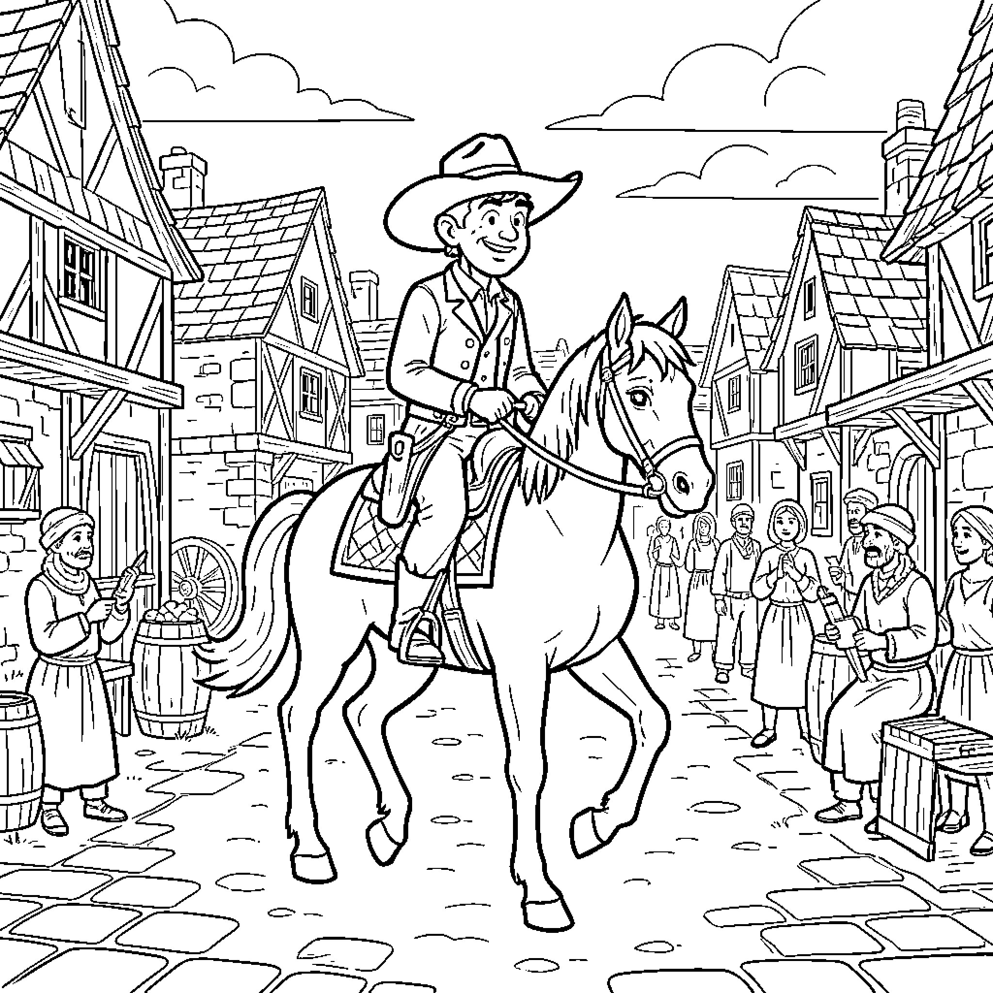 Lucky Luke's Cowboy Ride Through the Western Town Coloring Page (free black-and-white line drawing printable PDF for all, from beginners to advanced learners, including children, teens, adults, and seniors)