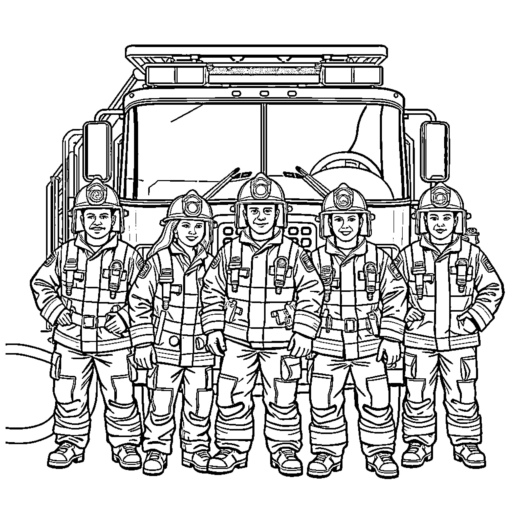 Firefighter crew preparing to respond Coloring Page (free black-and-white line drawing printable PDF for all, from beginners to advanced learners, including children, teens, adults, and seniors)