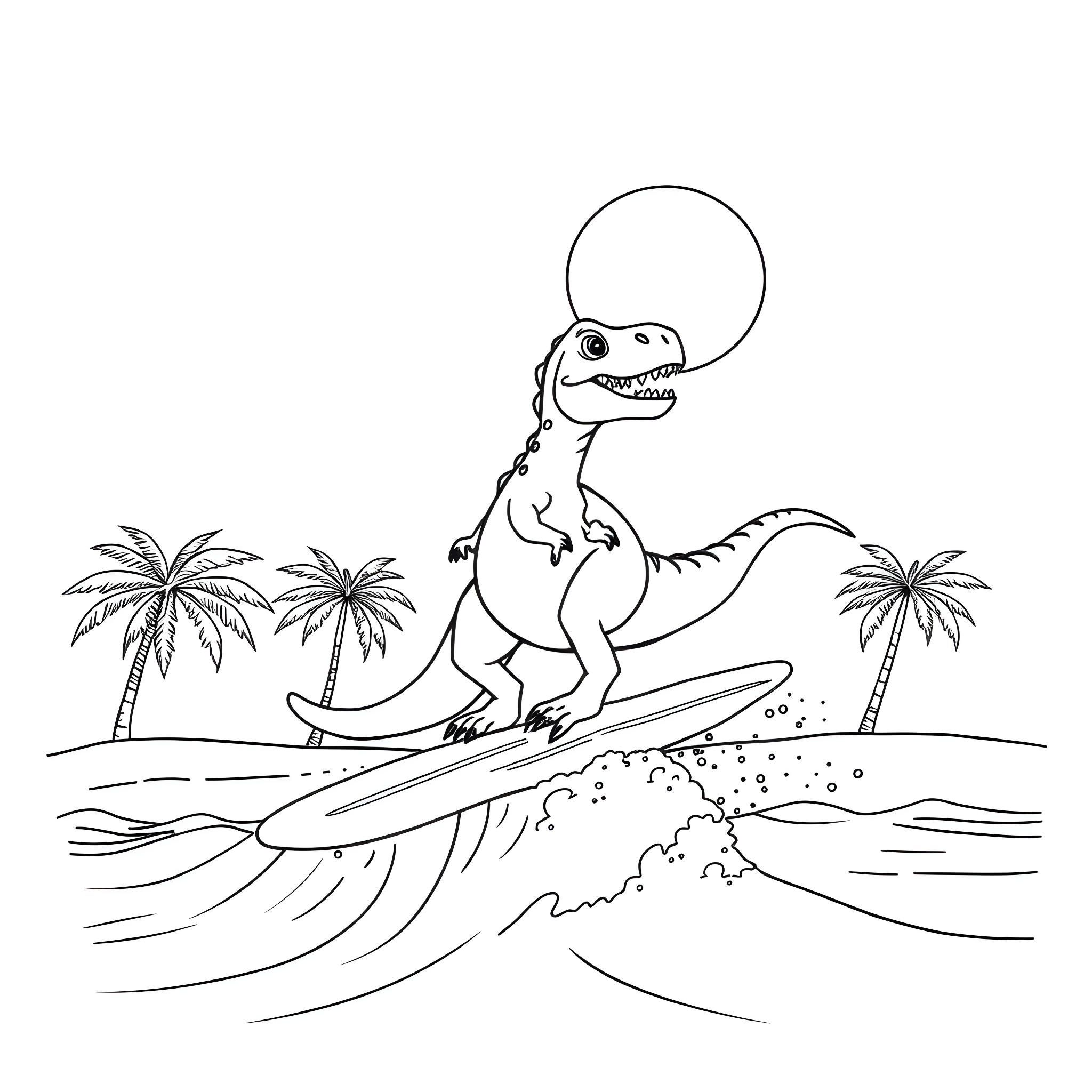 Dinosaur surfer riding waves on tropical beach Coloring Page (free black-and-white line drawing printable PDF for all, from beginners to advanced learners, including children, teens, adults, and seniors)
