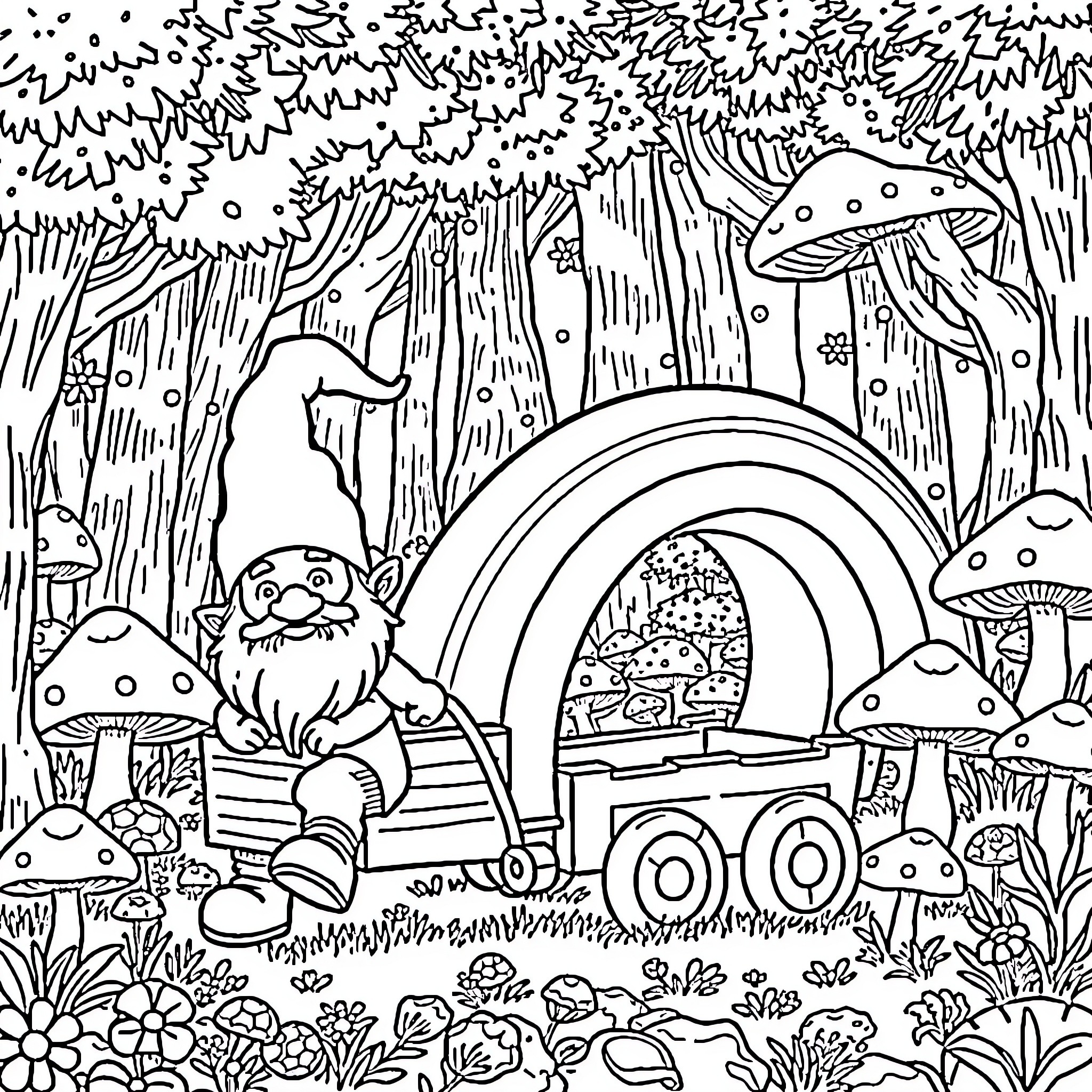 Gnome exploring magical mushroom forest Coloring Page (free black-and-white line drawing printable PDF for all, from beginners to advanced learners, including children, teens, adults, and seniors)