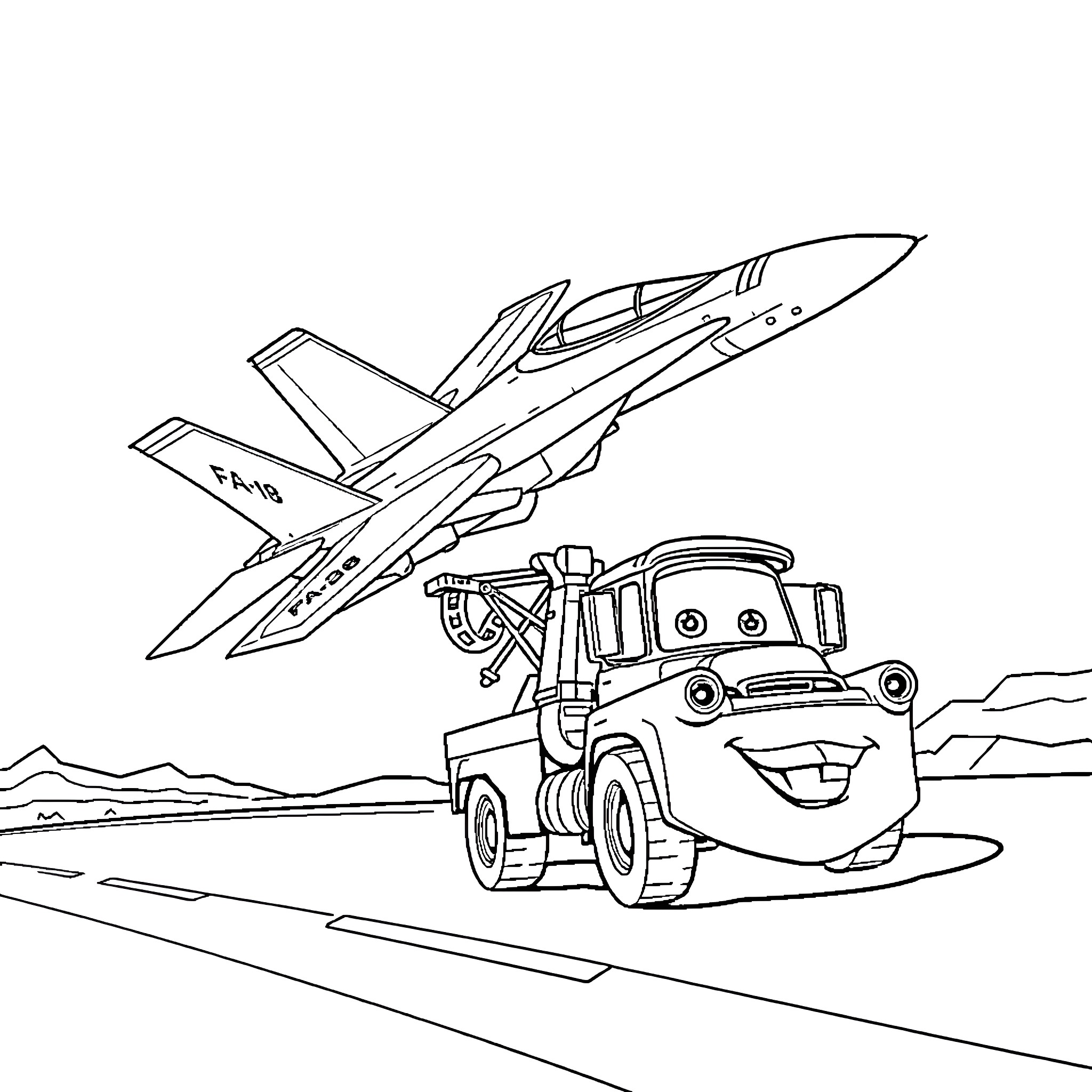 Fighter Jet Taking Off with Friendly Aircraft Vehicle Coloring Page (free black-and-white line drawing printable PDF for all, from beginners to advanced learners, including children, teens, adults, and seniors)