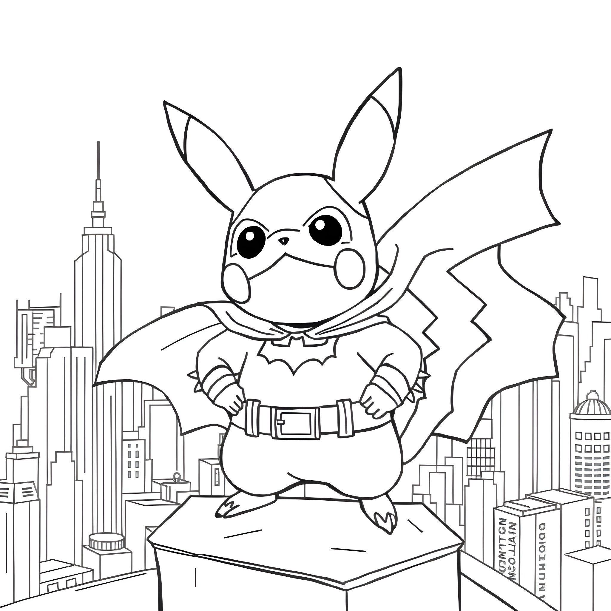 Pikachu in superhero costume posing in a city Coloring Page (free black-and-white line drawing printable PDF for all, from beginners to advanced learners, including children, teens, adults, and seniors)