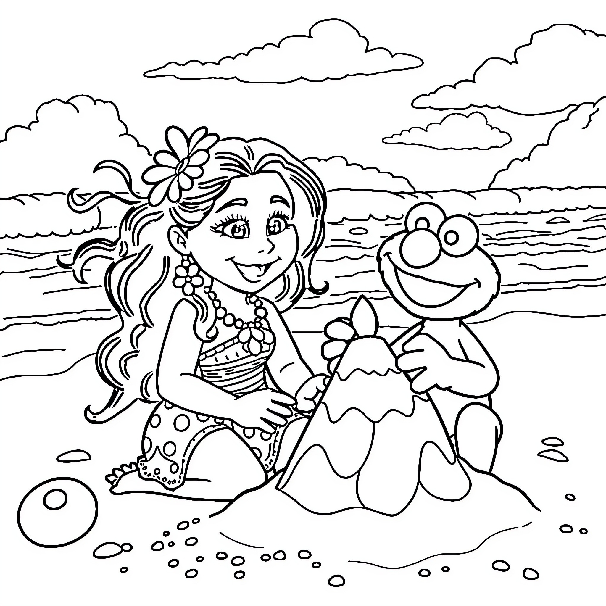 Moana enjoys a day at the beach with her friend Coloring Page (free black-and-white line drawing printable PDF for all, from beginners to advanced learners, including children, teens, adults, and seniors)