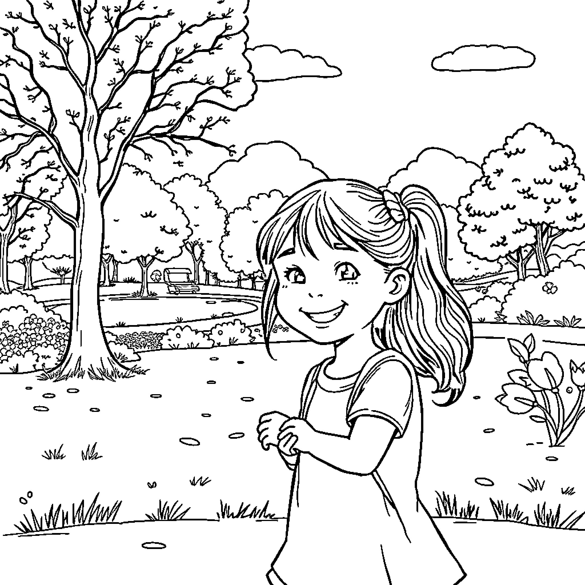 Girl enjoying a peaceful nature scene Coloring Page (free black-and-white line drawing printable PDF for all, from beginners to advanced learners, including children, teens, adults, and seniors)