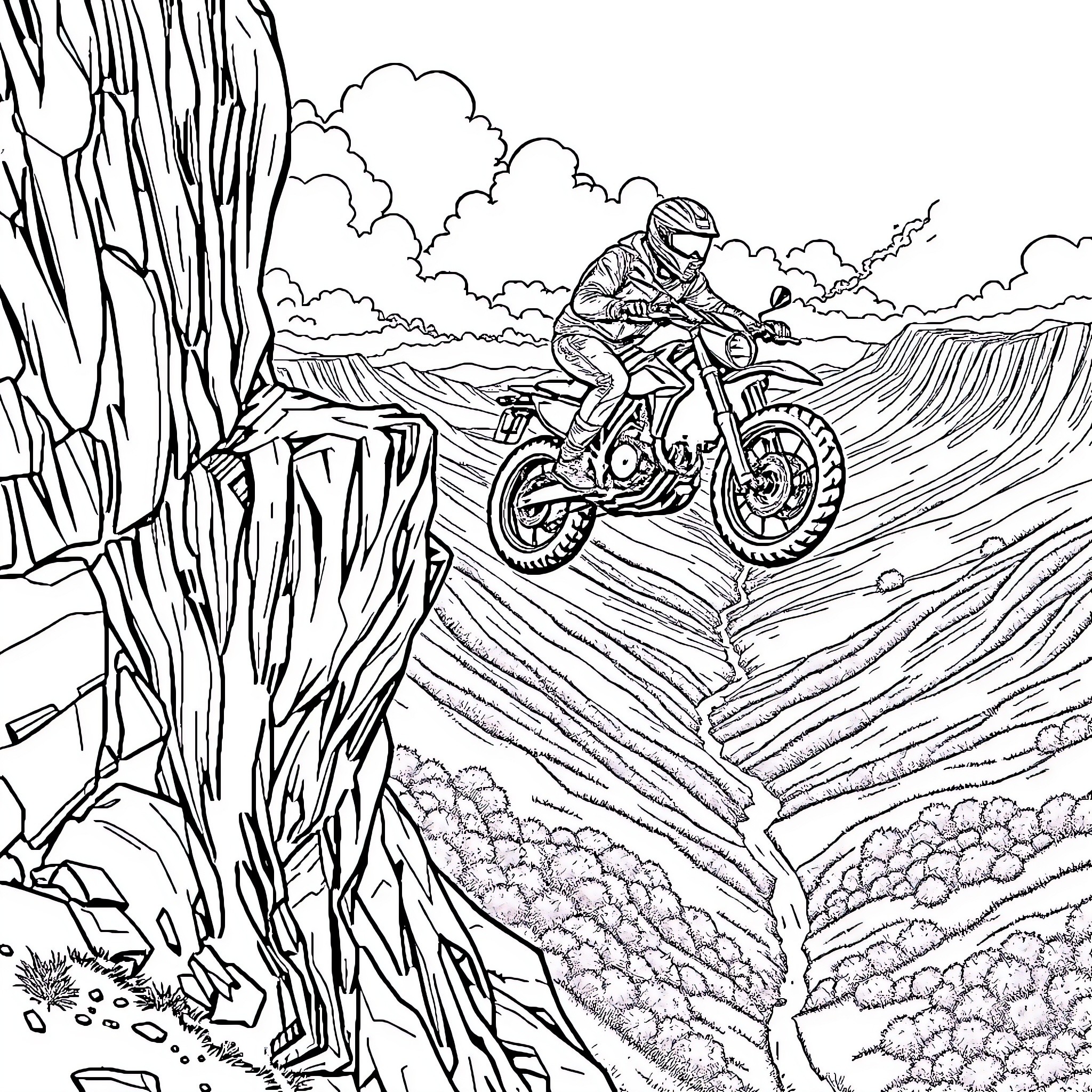 Motorcycle rider navigating rugged terrain Coloring Page (free black-and-white line drawing printable PDF for all, from beginners to advanced learners, including children, teens, adults, and seniors)