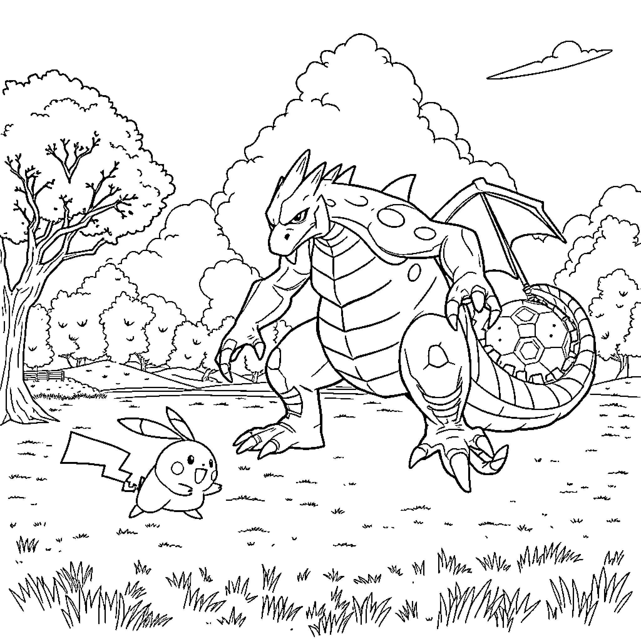 Leviathor Dragon Confronts Pikachu in Fantastical Landscape Coloring Page (free black-and-white line drawing printable PDF for all, from beginners to advanced learners, including children, teens, adults, and seniors)