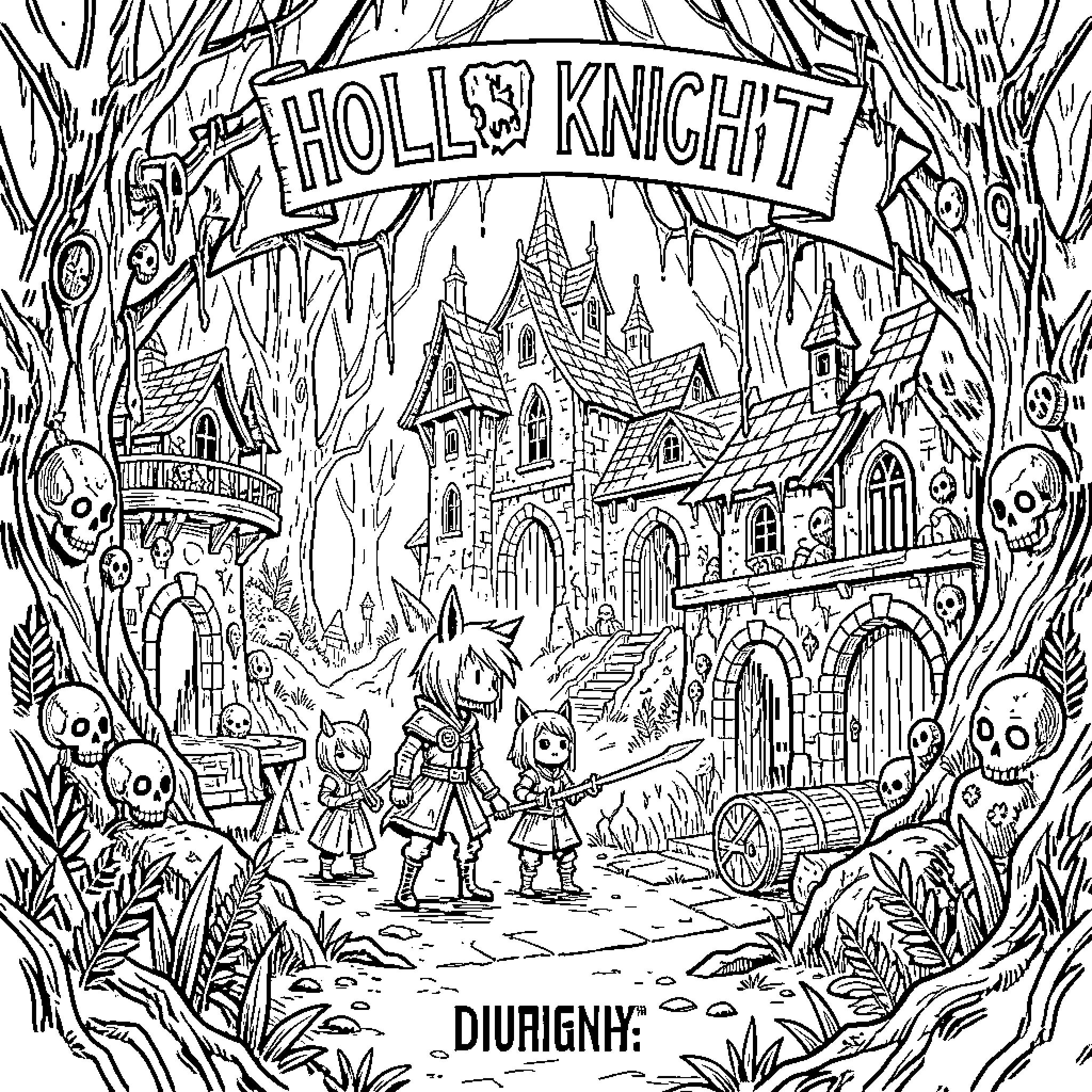 Hollow Knight - Characters exploring an eerie, fantasy world Coloring Page (free black-and-white line drawing printable PDF for all, from beginners to advanced learners, including children, teens, adults, and seniors)