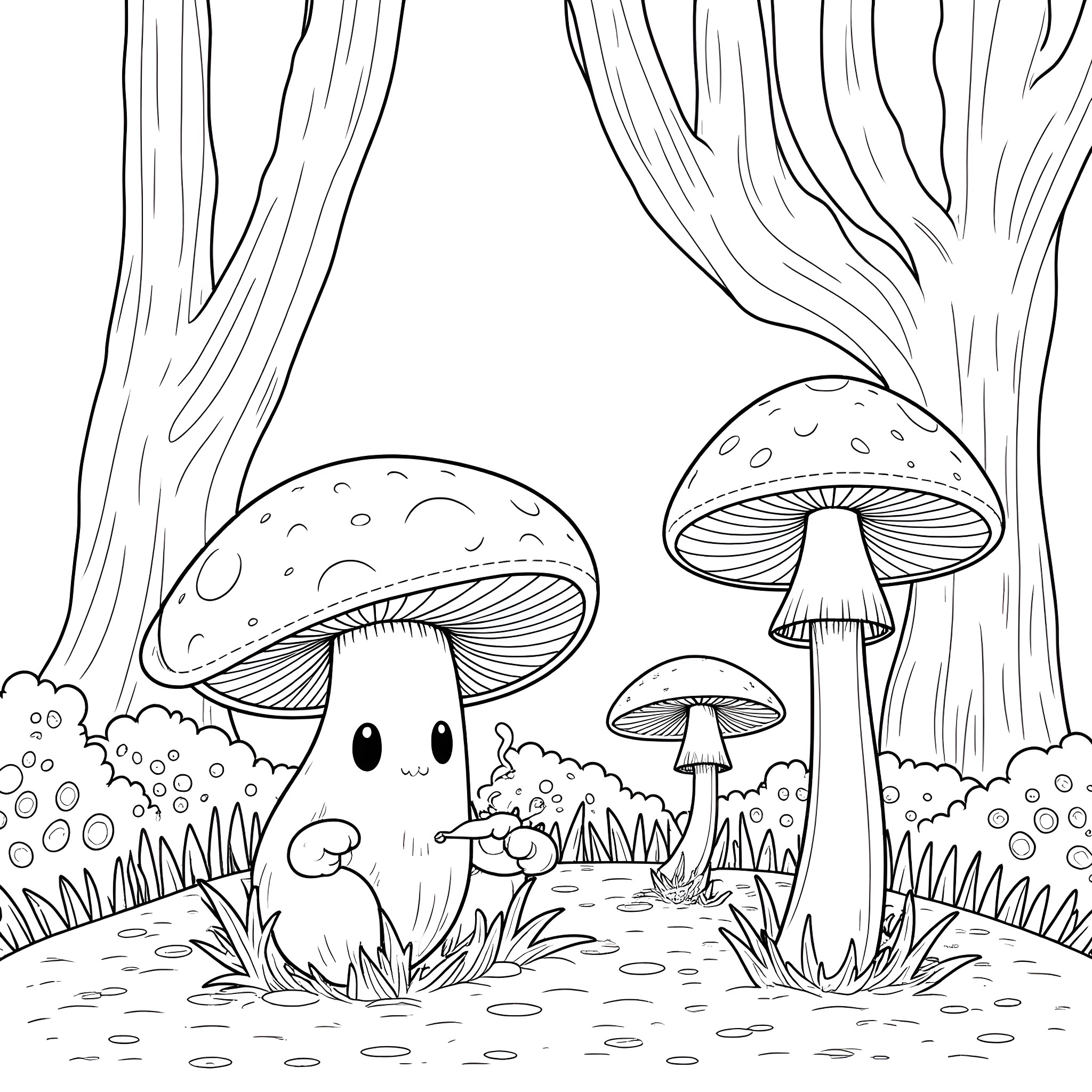 Mushroom friends in the forest Coloring Page (free black-and-white line drawing printable PDF for all, from beginners to advanced learners, including children, teens, adults, and seniors)