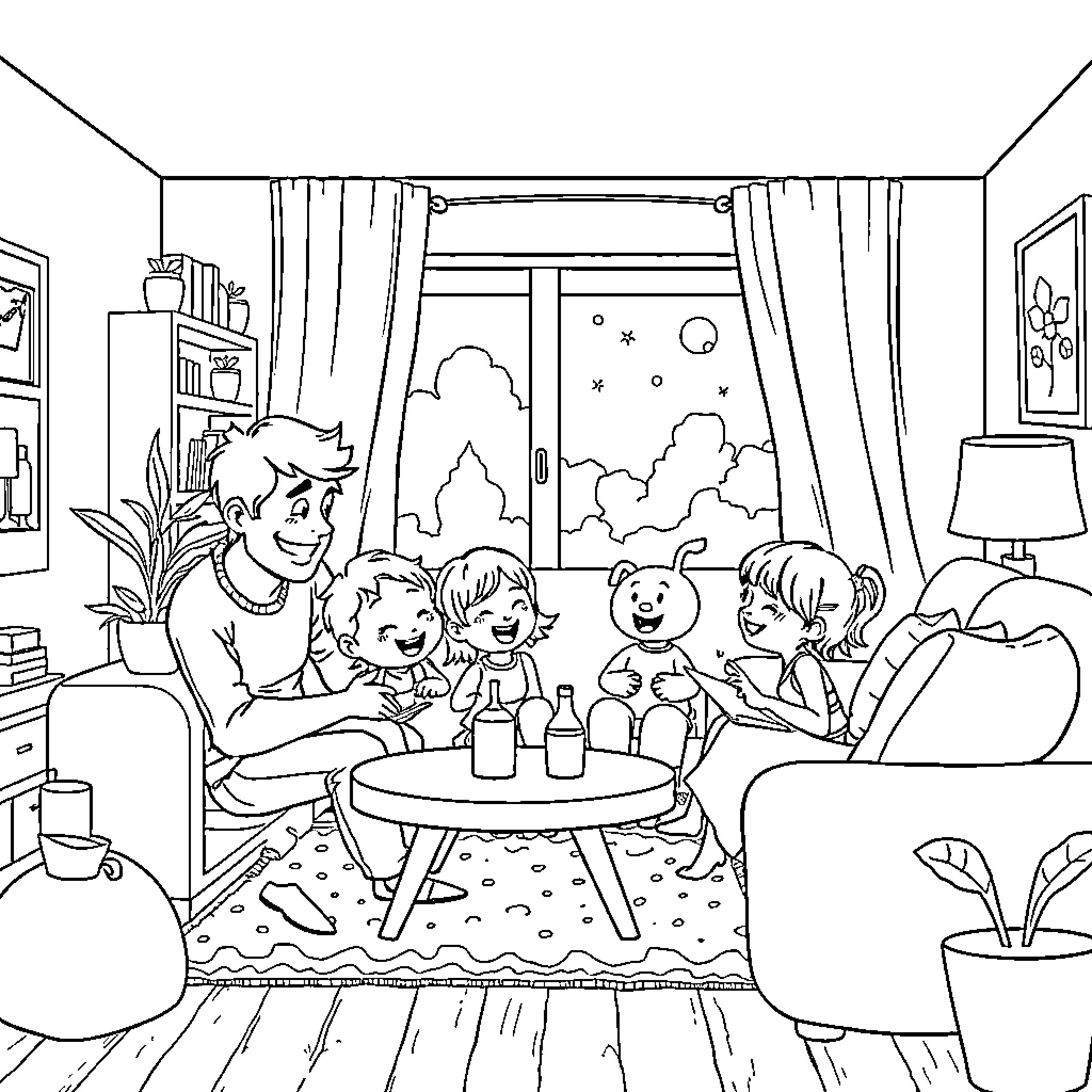 Bluey's family having a fun indoor gathering Coloring Page (free black-and-white line drawing printable PDF for all, from beginners to advanced learners, including children, teens, adults, and seniors)