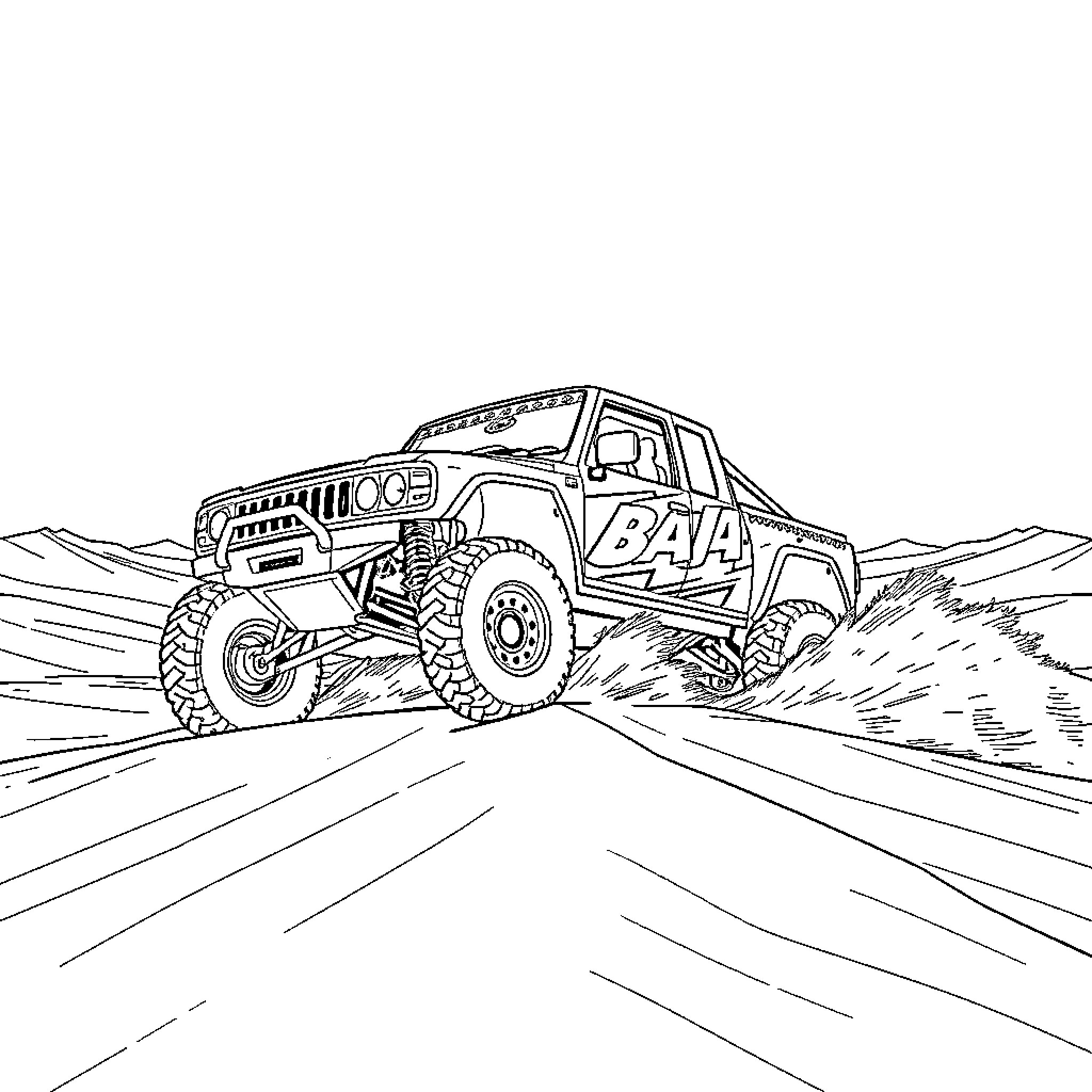 Baja Truck Racing Through Desert Terrain Coloring Page (free black-and-white line drawing printable PDF for all, from beginners to advanced learners, including children, teens, adults, and seniors)