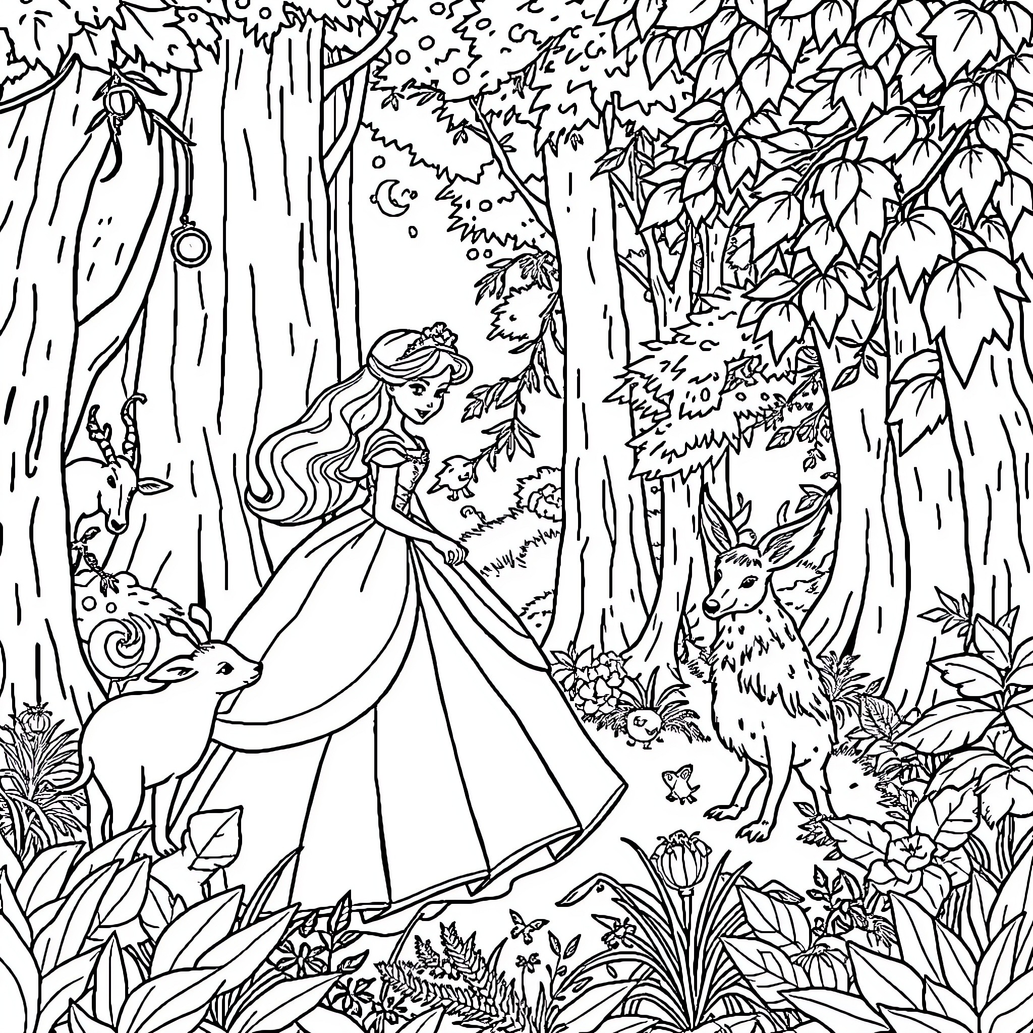 Princess in the Enchanted Forest Coloring Page (free black-and-white line drawing printable PDF for all, from beginners to advanced learners, including children, teens, adults, and seniors)