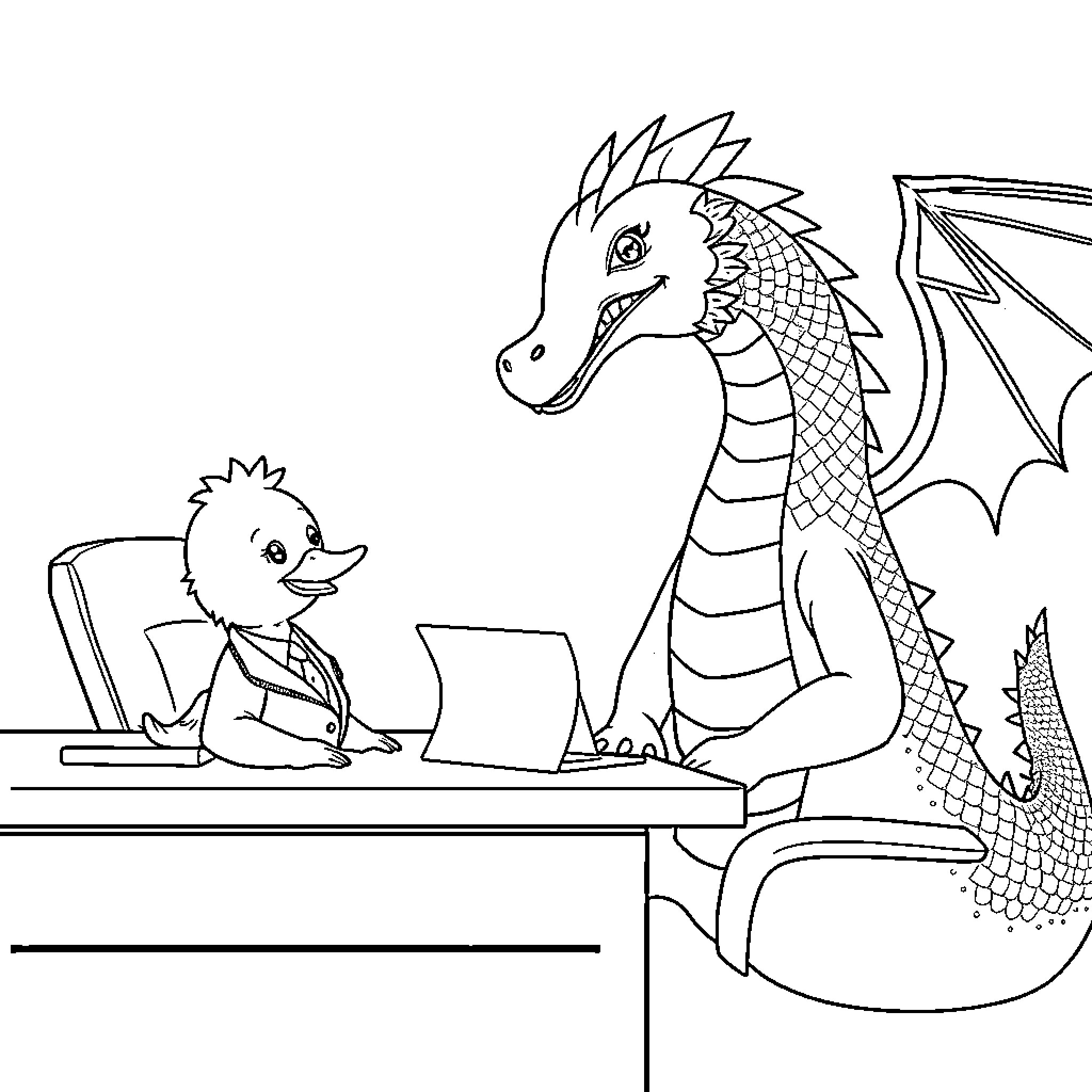 Duck and dragon working together at desk Coloring Page (free black-and-white line drawing printable PDF for all, from beginners to advanced learners, including children, teens, adults, and seniors)