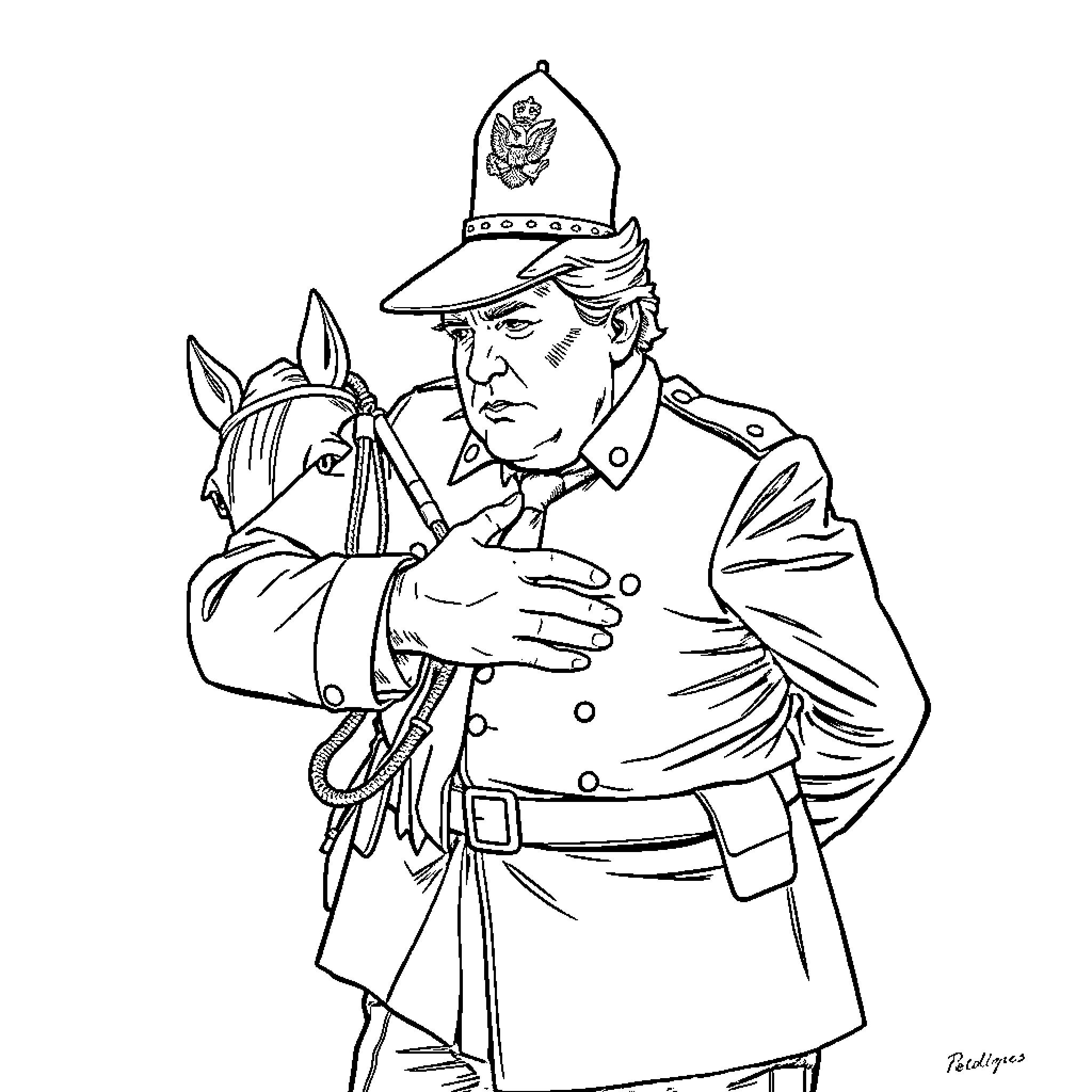 Mountie officer interacting with horse in uniform Coloring Page (free black-and-white line drawing printable PDF for all, from beginners to advanced learners, including children, teens, adults, and seniors)