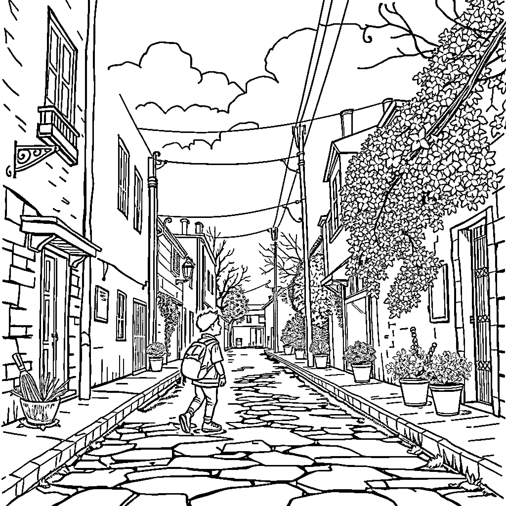 Child exploring the charming alleyway Coloring Page (free black-and-white line drawing printable PDF for all, from beginners to advanced learners, including children, teens, adults, and seniors)