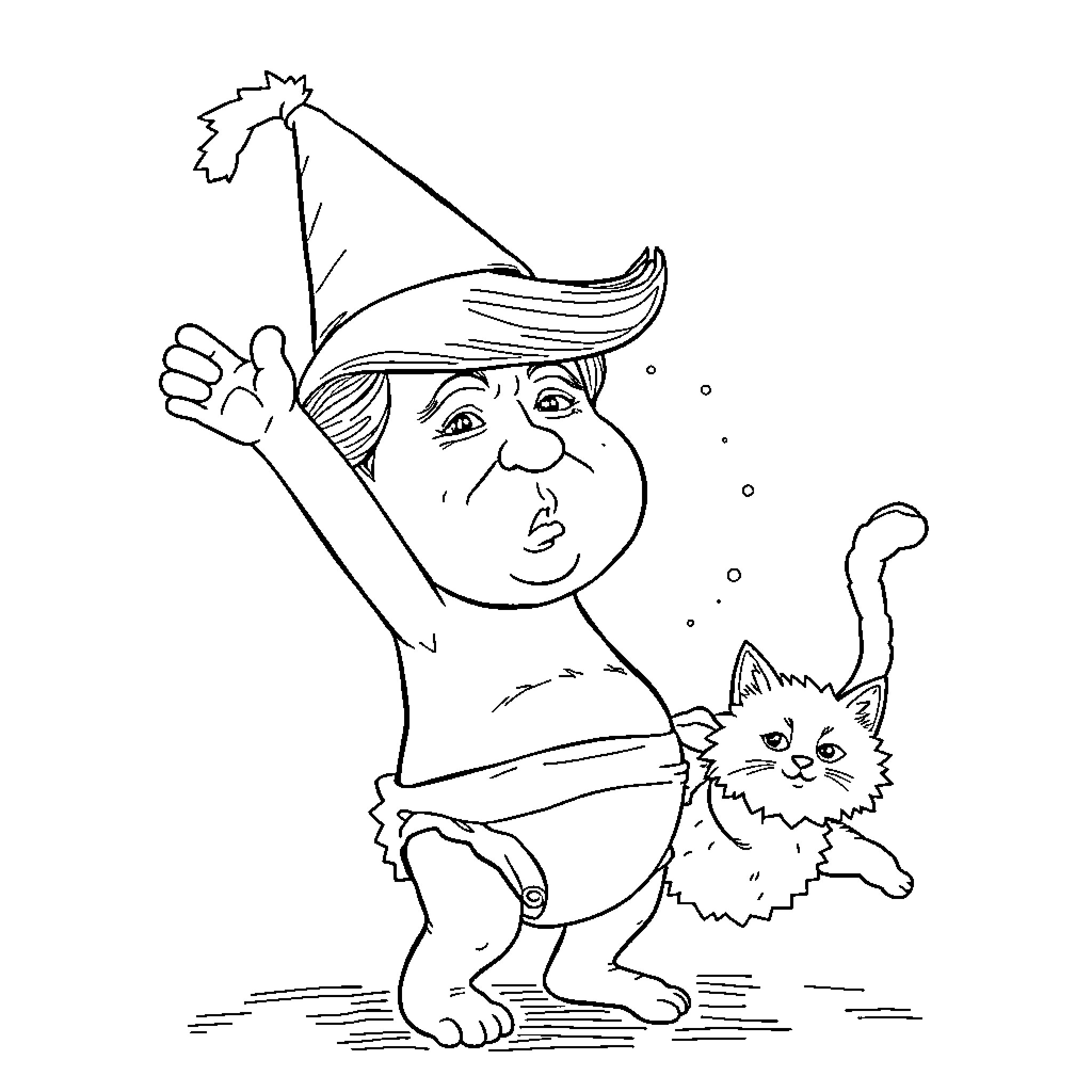Donald Trump's Whimsical Antics with a Feline Companion Coloring Page (free black-and-white line drawing printable PDF for all, from beginners to advanced learners, including children, teens, adults, and seniors)