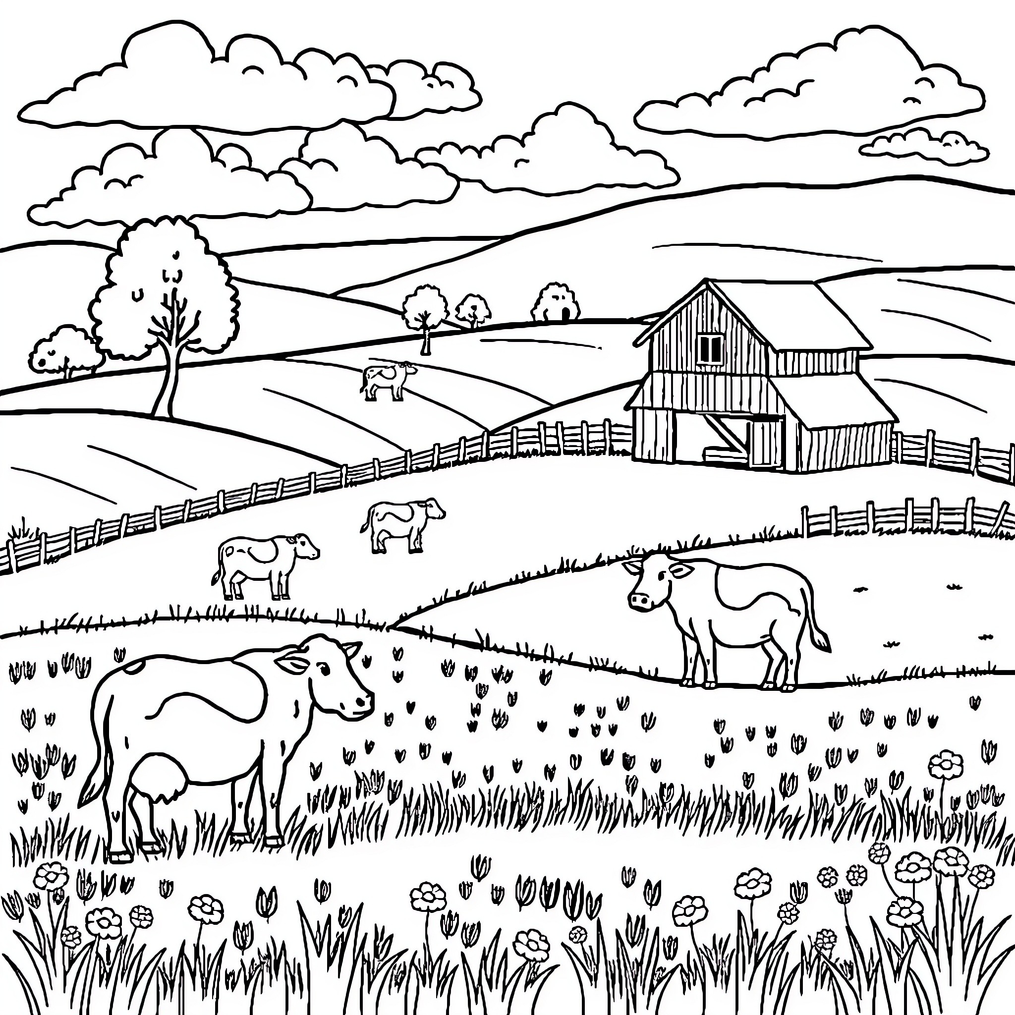 Farm Scene with Grazing Livestock and Rustic Barn Coloring Page (free black-and-white line drawing printable PDF for all, from beginners to advanced learners, including children, teens, adults, and seniors)